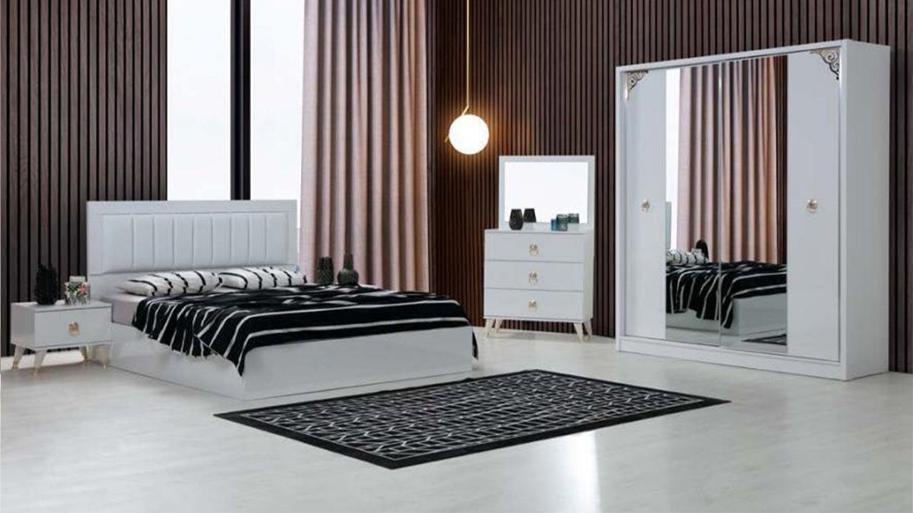 JVmoebel Schlafzimmer-Set Weiße Schlafzimmer Möbel Design Bett 2x Nachttische Kommode Betten, Made In Europe