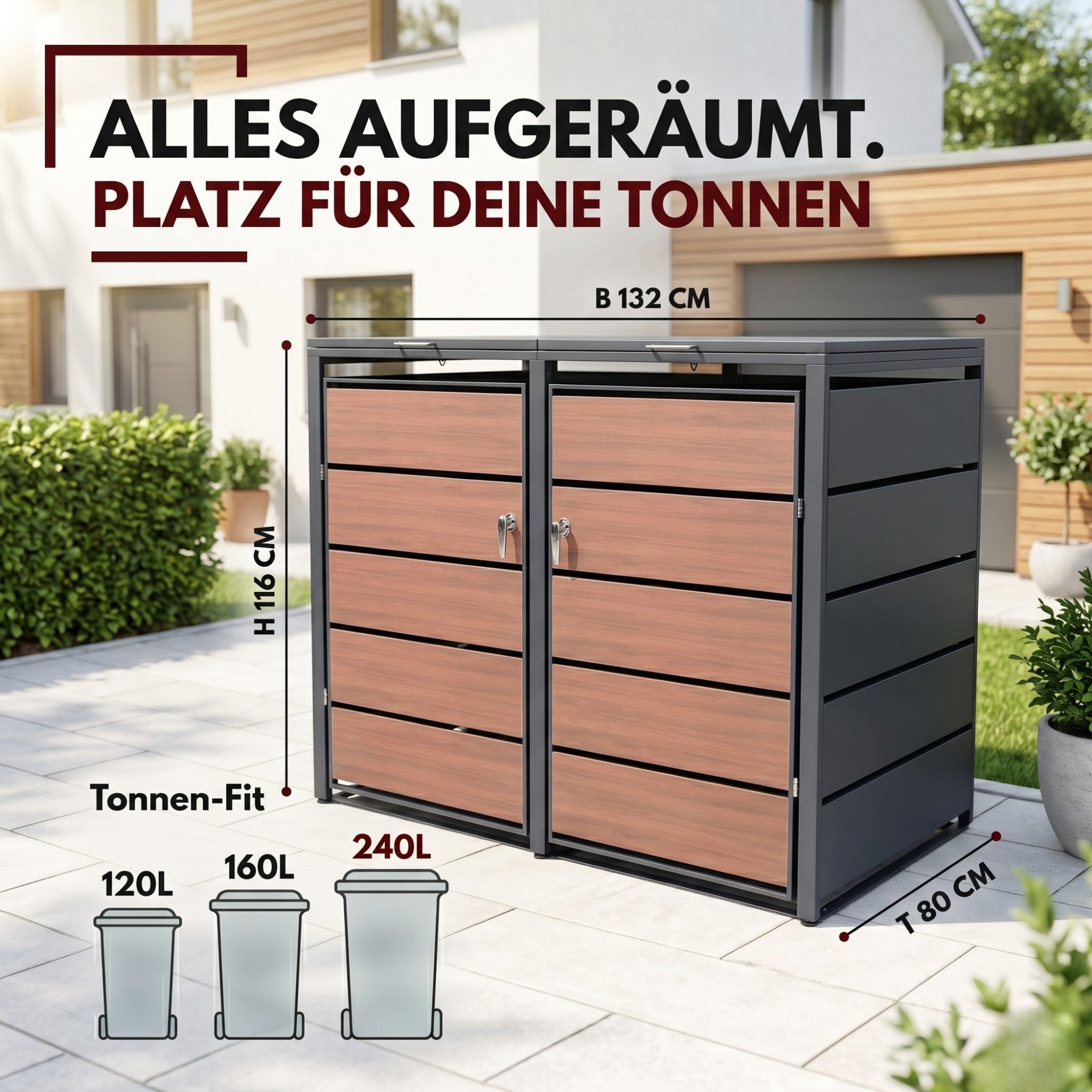 Albatros International Mülltonnenbox Mülltonnenbox 2er Holzdekor, 120L bis 240L, für Zwei Tonnen