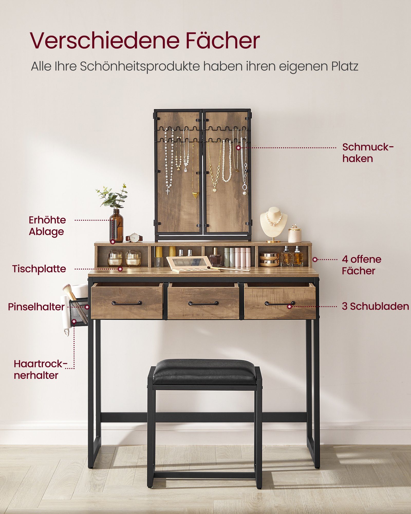 VASAGLE Schminktisch Frisiertisch mit Dreispiegel, 3 Schubladen, Haartrockner (1 Tisch mit 1 Hocker), mit gepolstertem Hocker, industrieller Stil