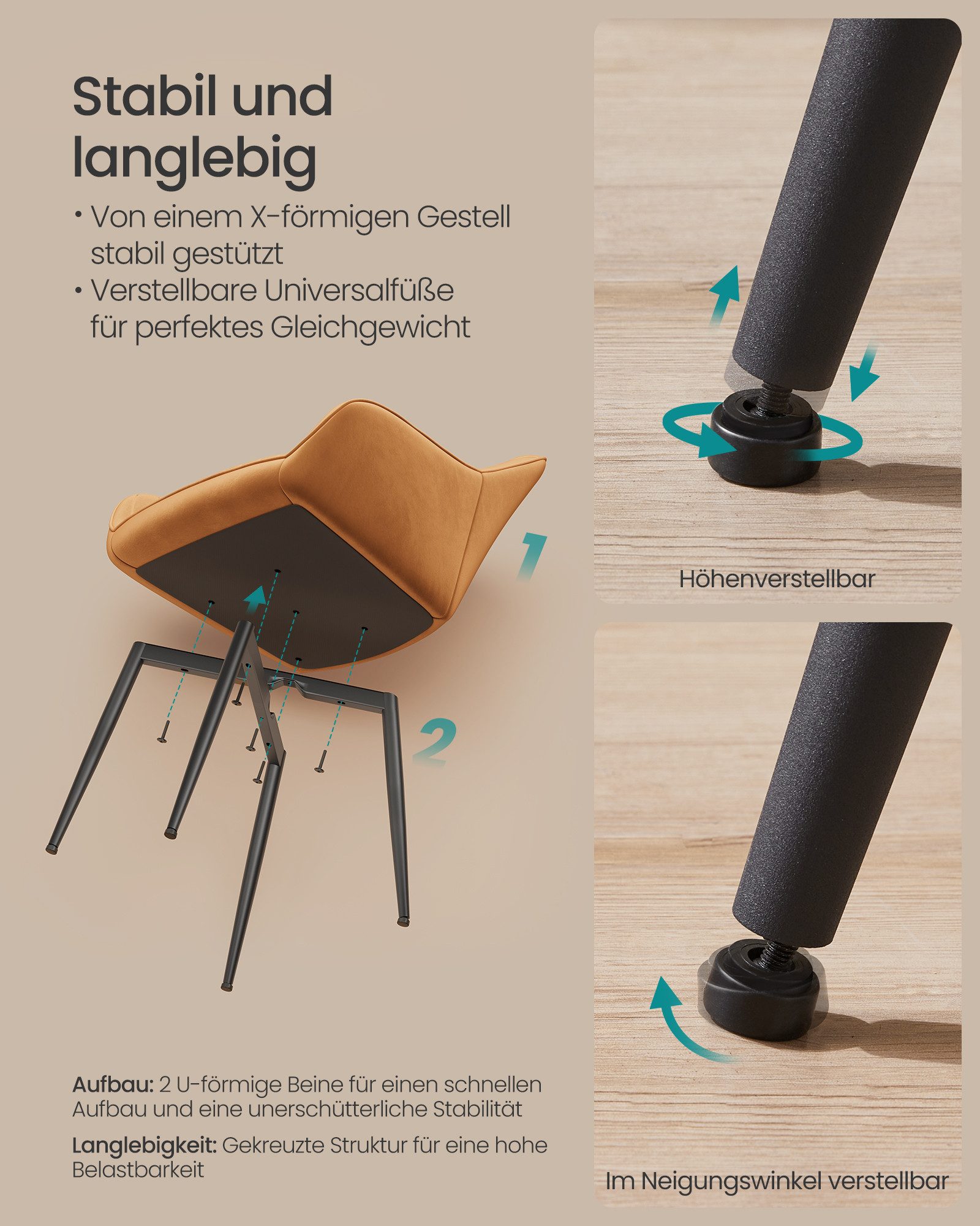 SONGMICS Esszimmerstuhl Küchenstuhl aus Samt, Polsterstuhl mit Armlehnen, Loungesessel (6 St), 6er Set, Metallbeine, bis 120 kg belastbar – Bild 5 von 5