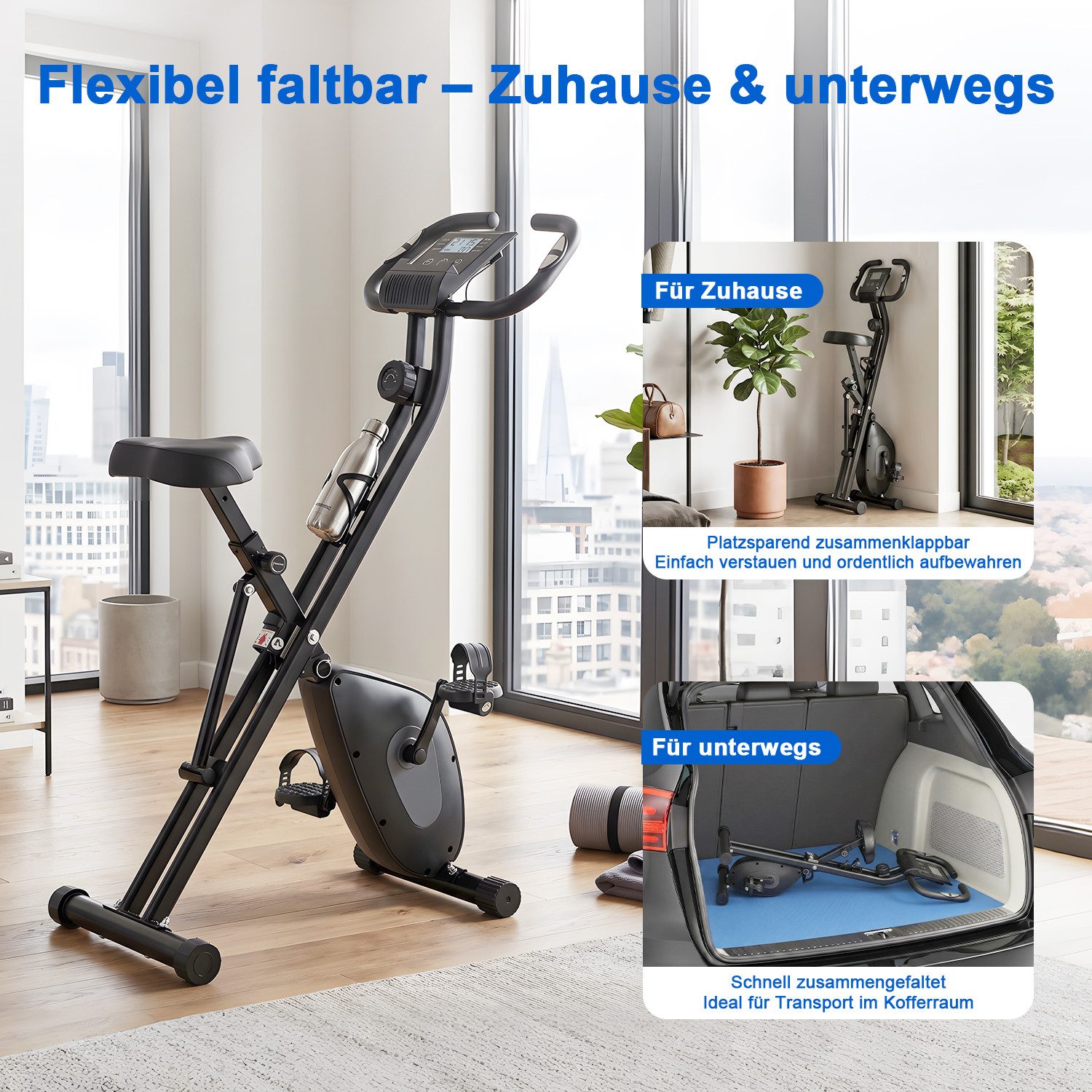 AIMAX Heimtrainer Fahrrad Klappbar Extra Leise bis 130 KG (mit 16 Widerstandsstufen, für Zuhause, Platzsparend), mit Komfort-Sattel Fitnessbikes Indoor Bike mit Bequemem Sitzkissen