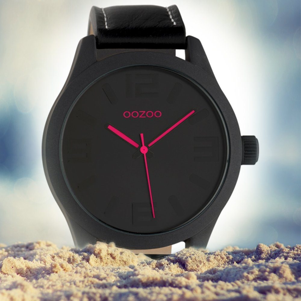 (ca. Quarzuhr Damen 45mm) Armbanduhr OOZOO Damenuhr rund, Lederarmband, Fashion-Style groß Oozoo schwarz,