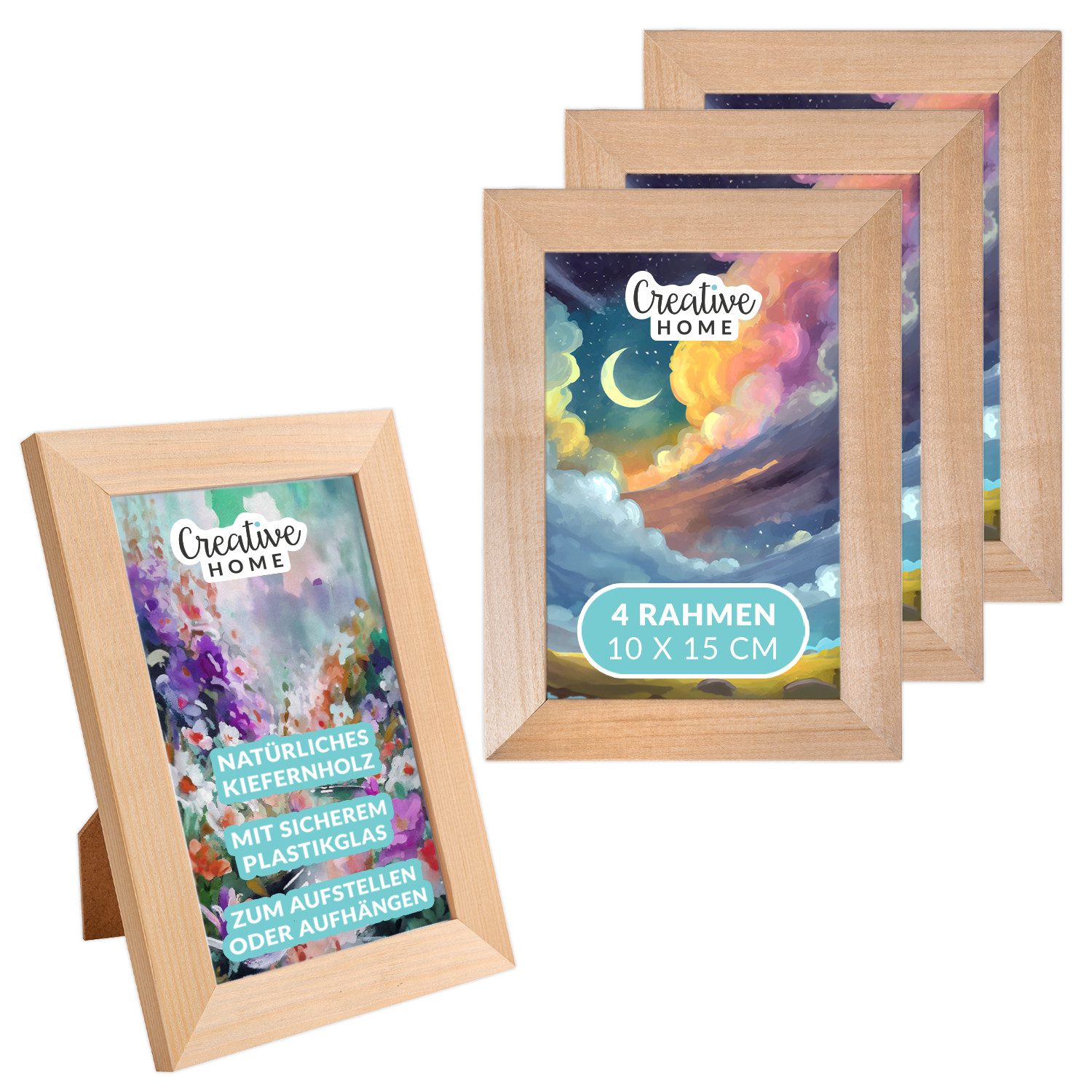 Creative Home Bilderrahmen 10x15 cm Set, Fotorahmen aus Kiefernholz Collage Wanddeko Foto Rahmen, (4 St), mit Rückwand zum Aufstellen und Aufhängen