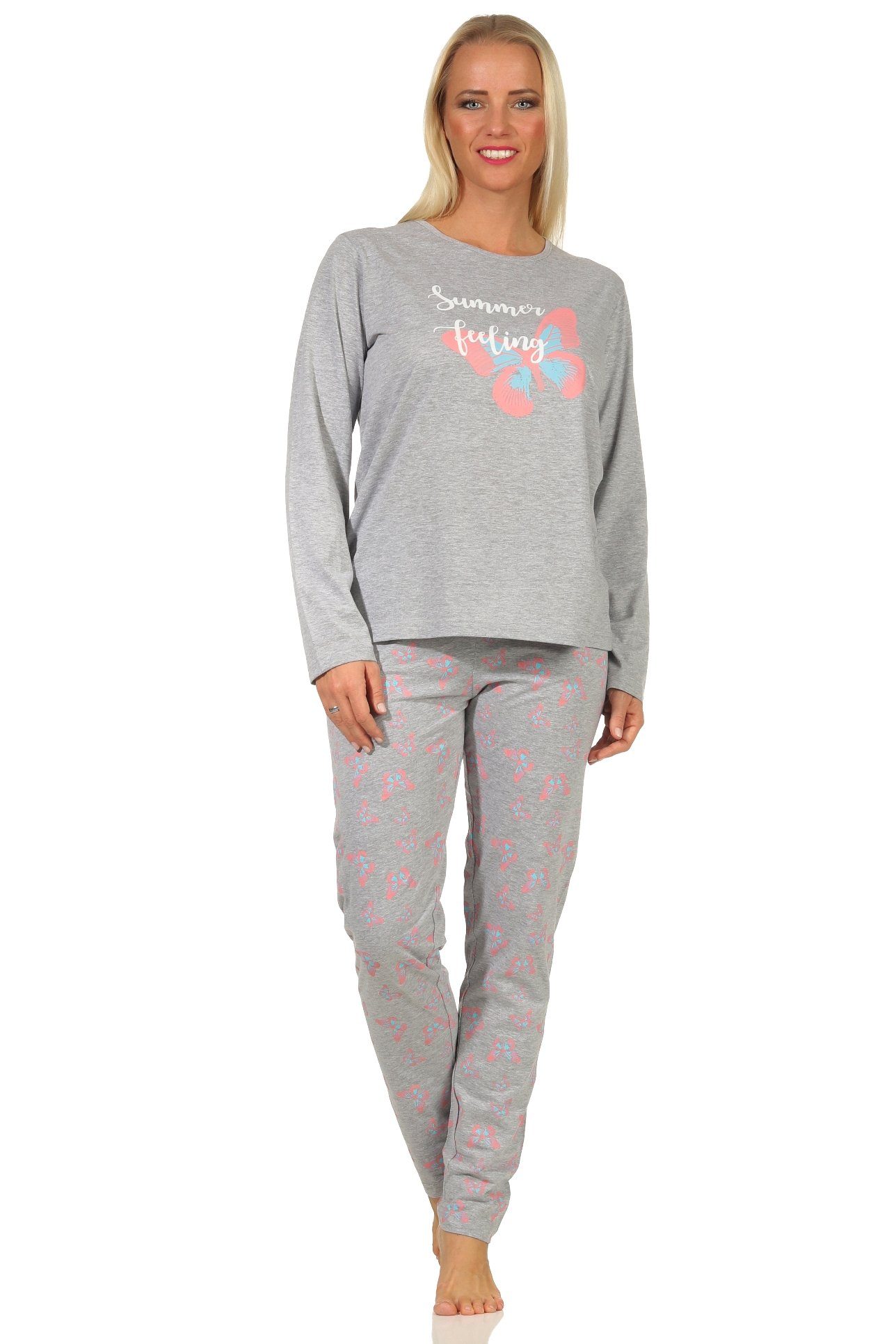 - by langarm Damen 122 Schlafanzug 10 Pyjama Schmetterlingsmotiv RELAX Normann grau mit 811