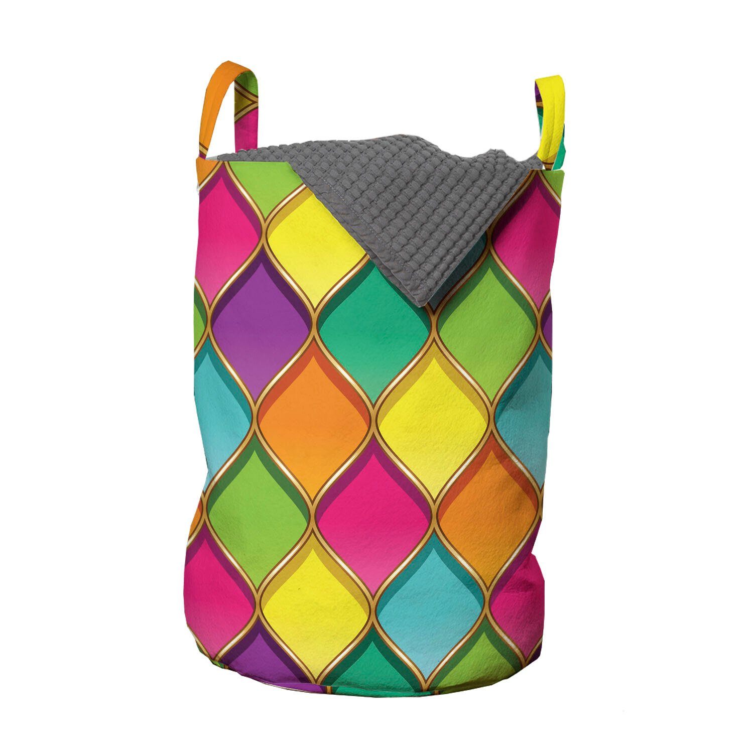 Farbige Wäschesäckchen Kurven Wäschekorb mit Kordelzugverschluss für Griffen Vivid Geometrisch Abakuhaus Waschsalons,