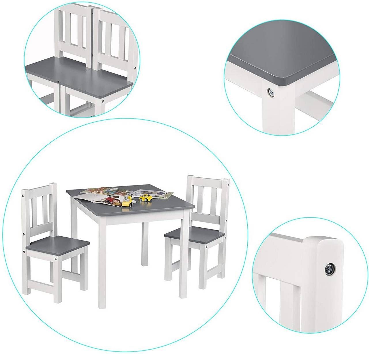 Woltu Kindersitzgruppe, Kindertisch mit Weiß+Grau 2 Holz Stühle, 60x50x48cm