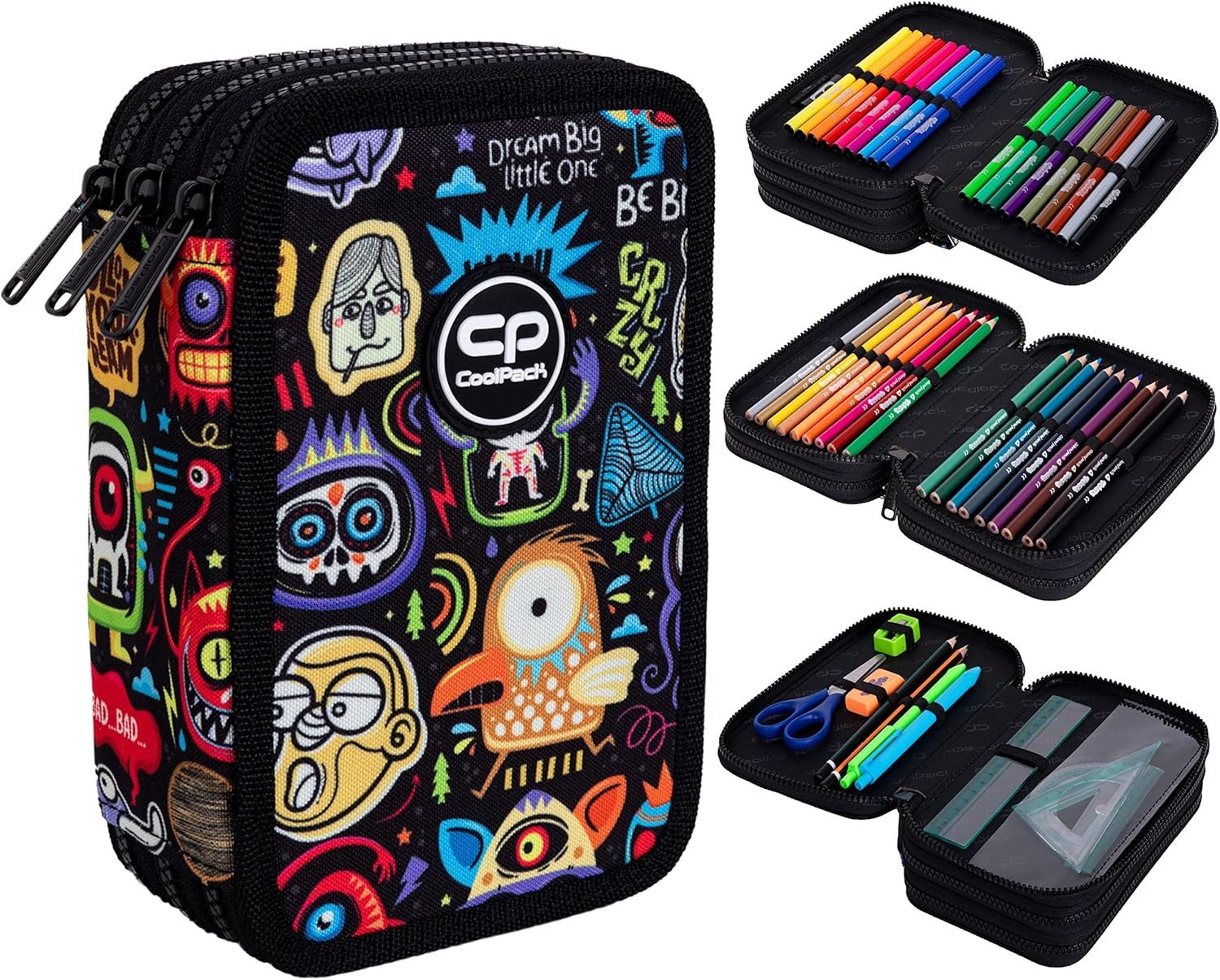 GOLDKIDS Federmäppchen Federtasche 3-fache Federmappe Scary Stickers, (46-teilig gefüllte Schüleretui Stifte, 1-tlg., und Pinsel inkl. Aufgabenheft Federbox Etui), Stiftetasche Schlamper-Etui Schul-Etui