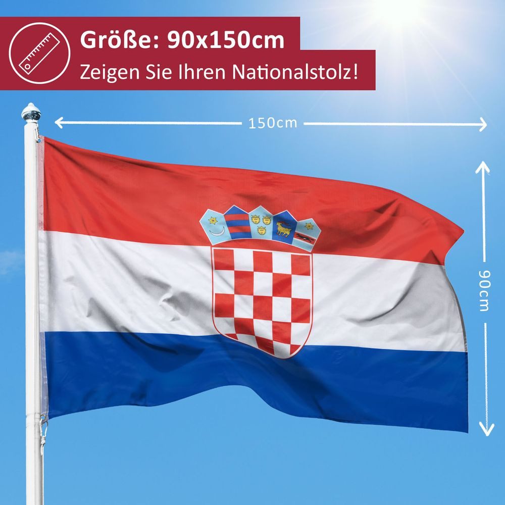 PHENO FLAGS Flagge Kroatien Flagge 90 x 150 cm Kroatische Fahne Nationalflagge (Hissflagge für Fahnenmast), Inkl. 2 Messing Ösen