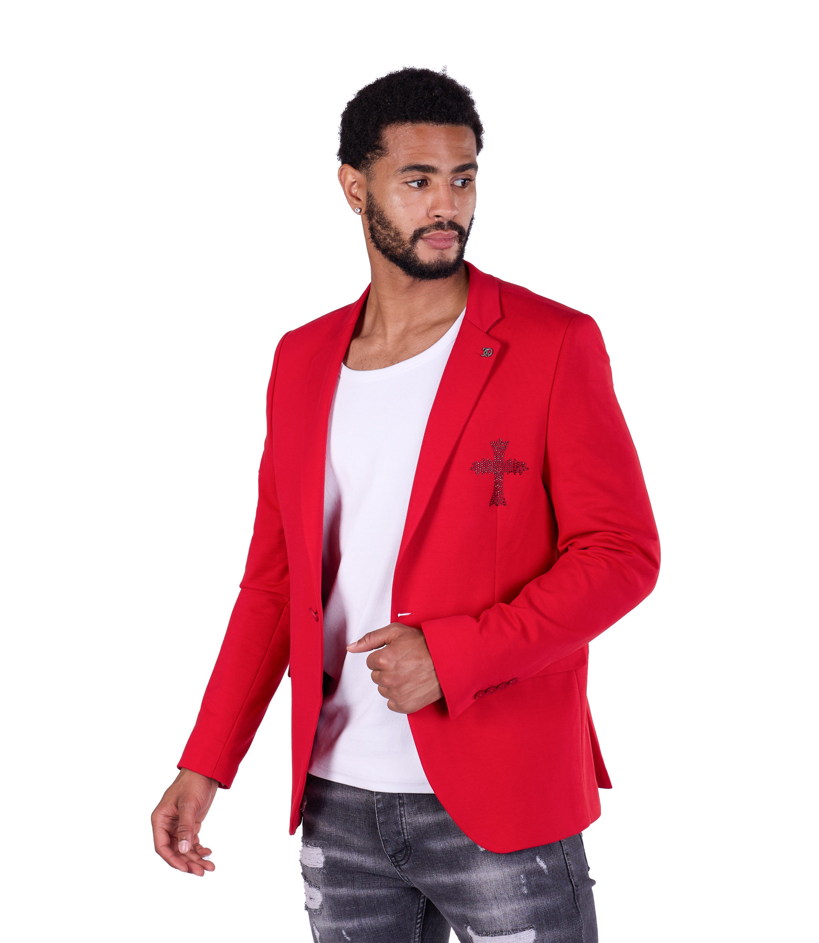 Denim Distriqt Sakko Designer Slim Fit Strass Herren Sakko Rot 48
