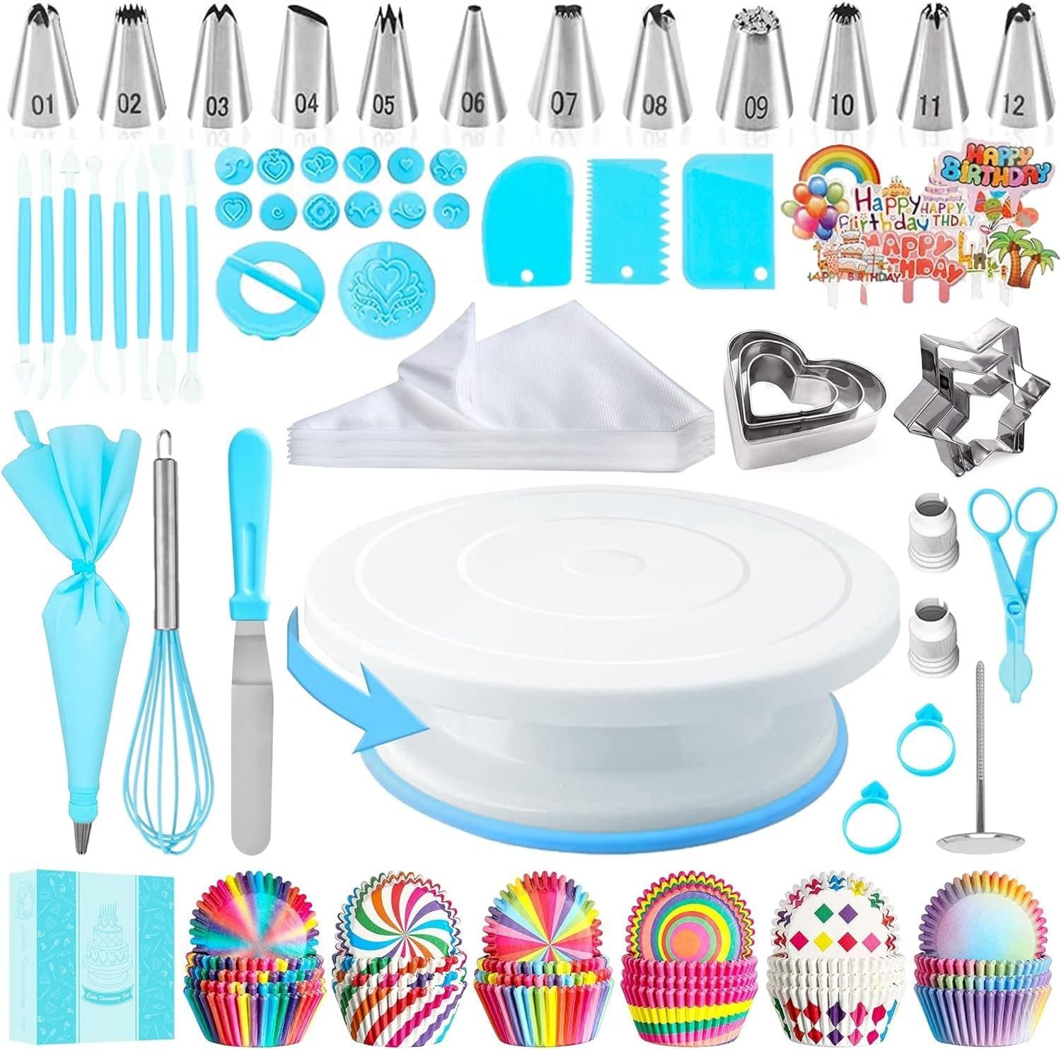 BlingBin Tortenwerkzeug DIY Backset 255 Teile – Drehbarer Kuchenständer & Принадлежности для выпечки, (255er Set, 255-tlg., 255-teiliges Kuchendekorationsset), 12 verschiedene Spritztüllen für kreative Dekoration