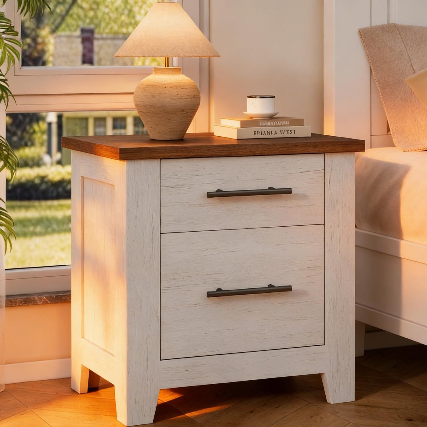 GarveeMore Nachttisch Beistelltisch Wohnzimmertisch Telefontisch aus Holz mit 2 Schubladen (1Tisch), Sofatisch Couchtisch mit Schubladen und brauner Platte Nachtkommode