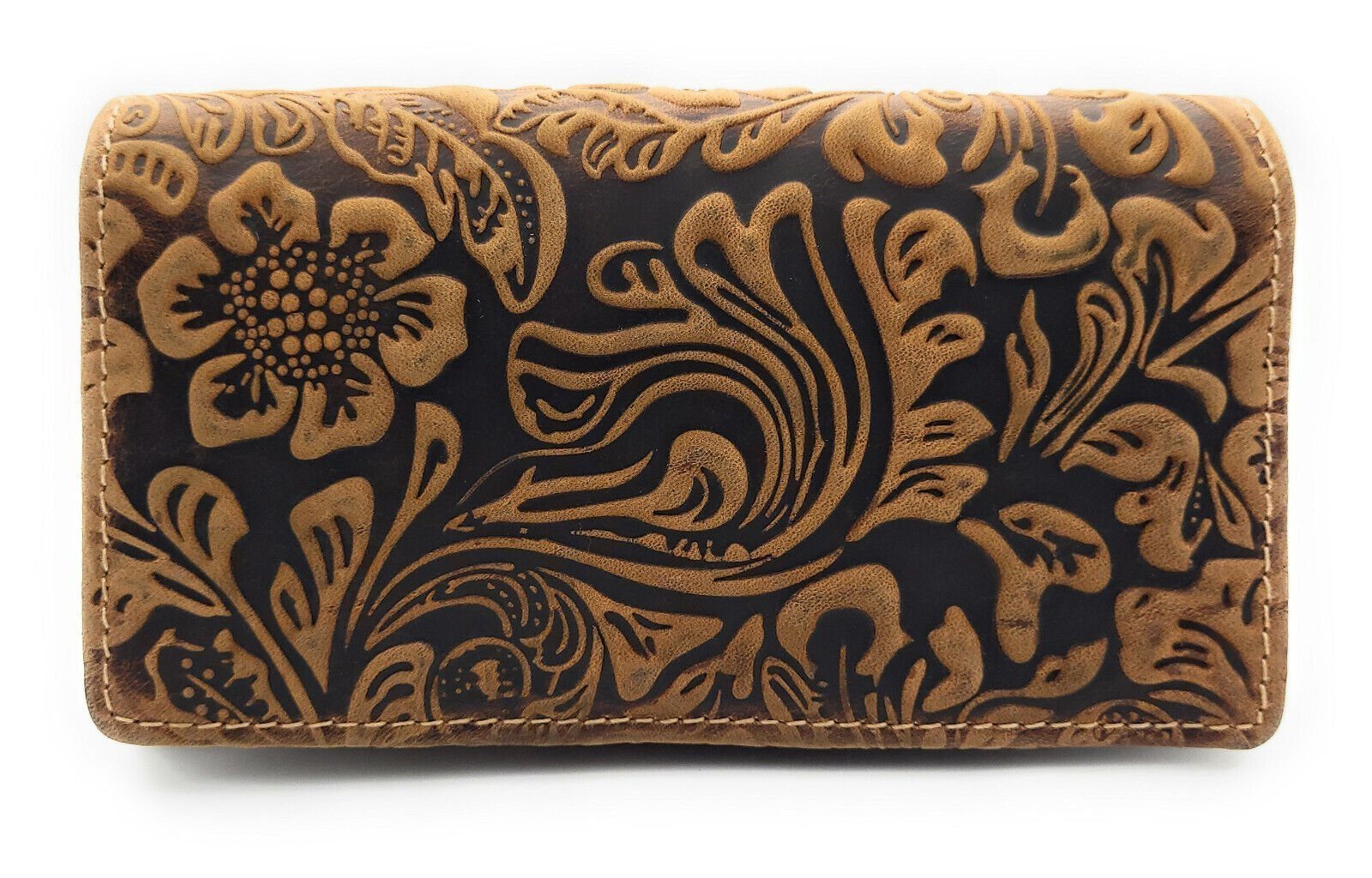 JOCKEY CLUB Geldbörse echt Leder Damen Portemonnaie "Liane", geprägtes Rindleder mit floralen Motiven und RFID Schutz cognac braun