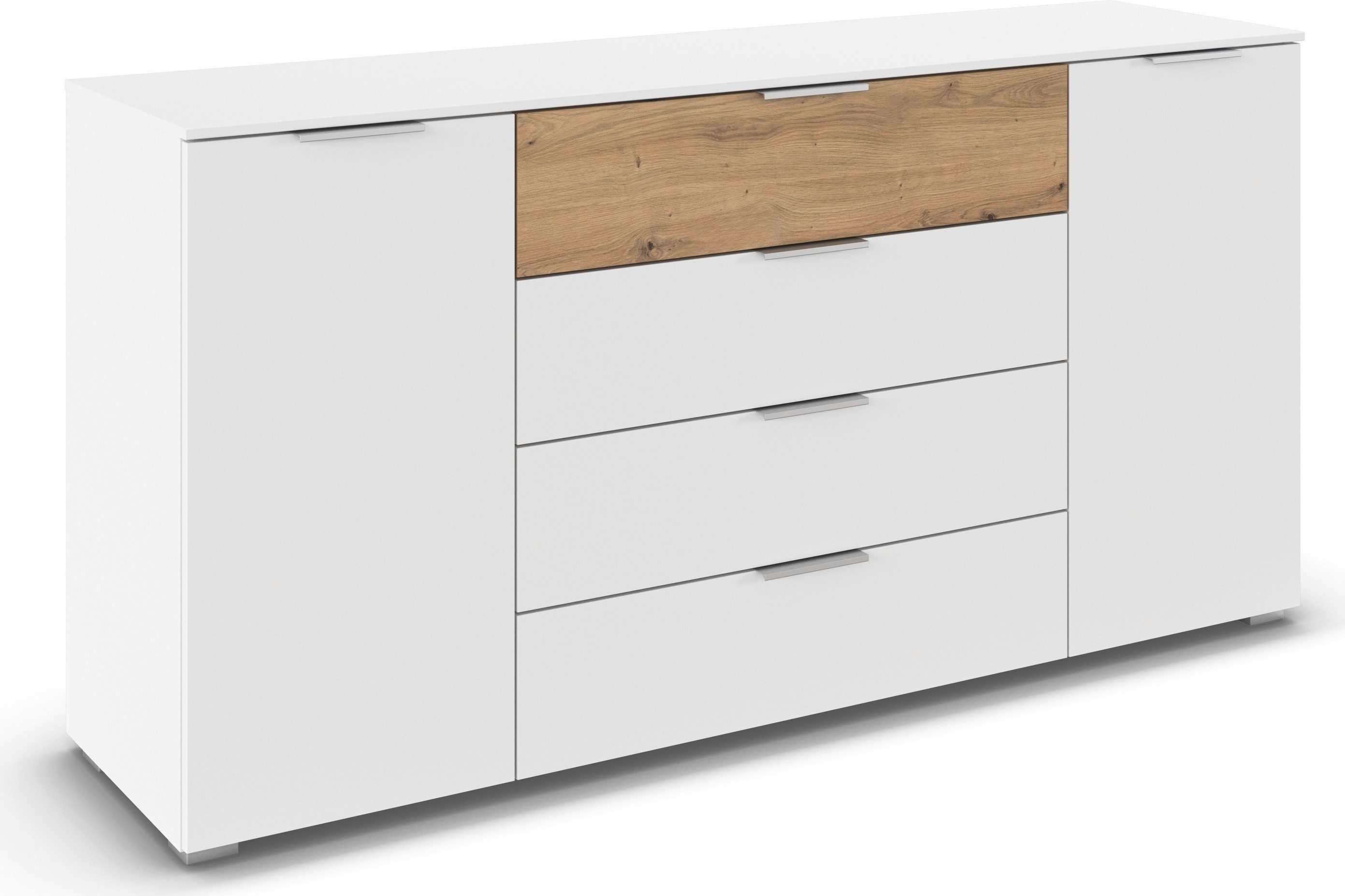 rauch Kombikommode Sideboard Türkommode Schubladenkommode Kommode ASTANA (Breite 160 cm / Höhe 81 cm, mit 4 Einlegeböden), 2-türig, 4 geräumige Schubladen, Kantengriff Alufarben MADE IN GERMANY