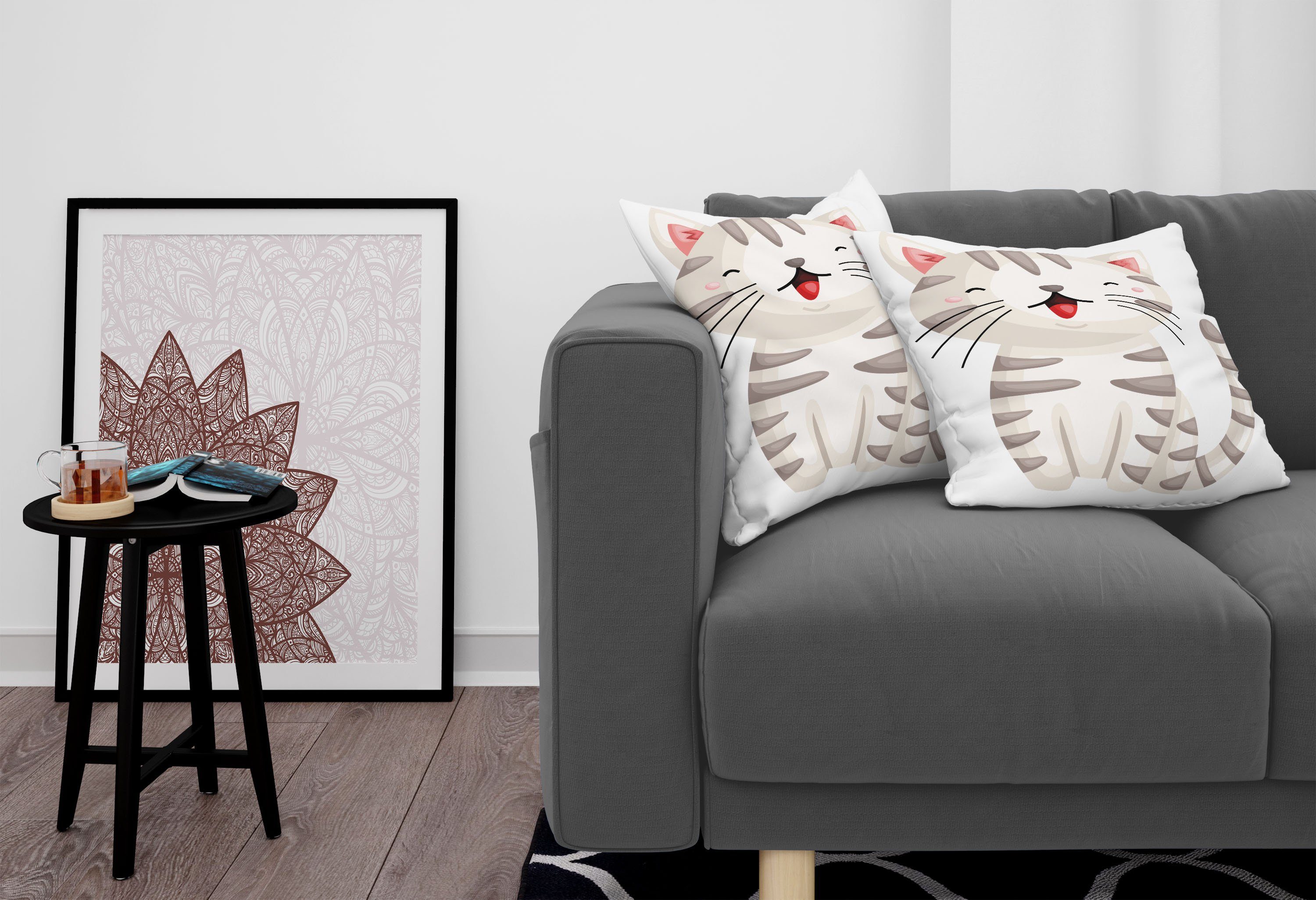 Accent Digitaldruck, Streifen mit Kissenbezüge Modern Stück), (2 Süße Katze Cartoon Doppelseitiger Glückliche Abakuhaus