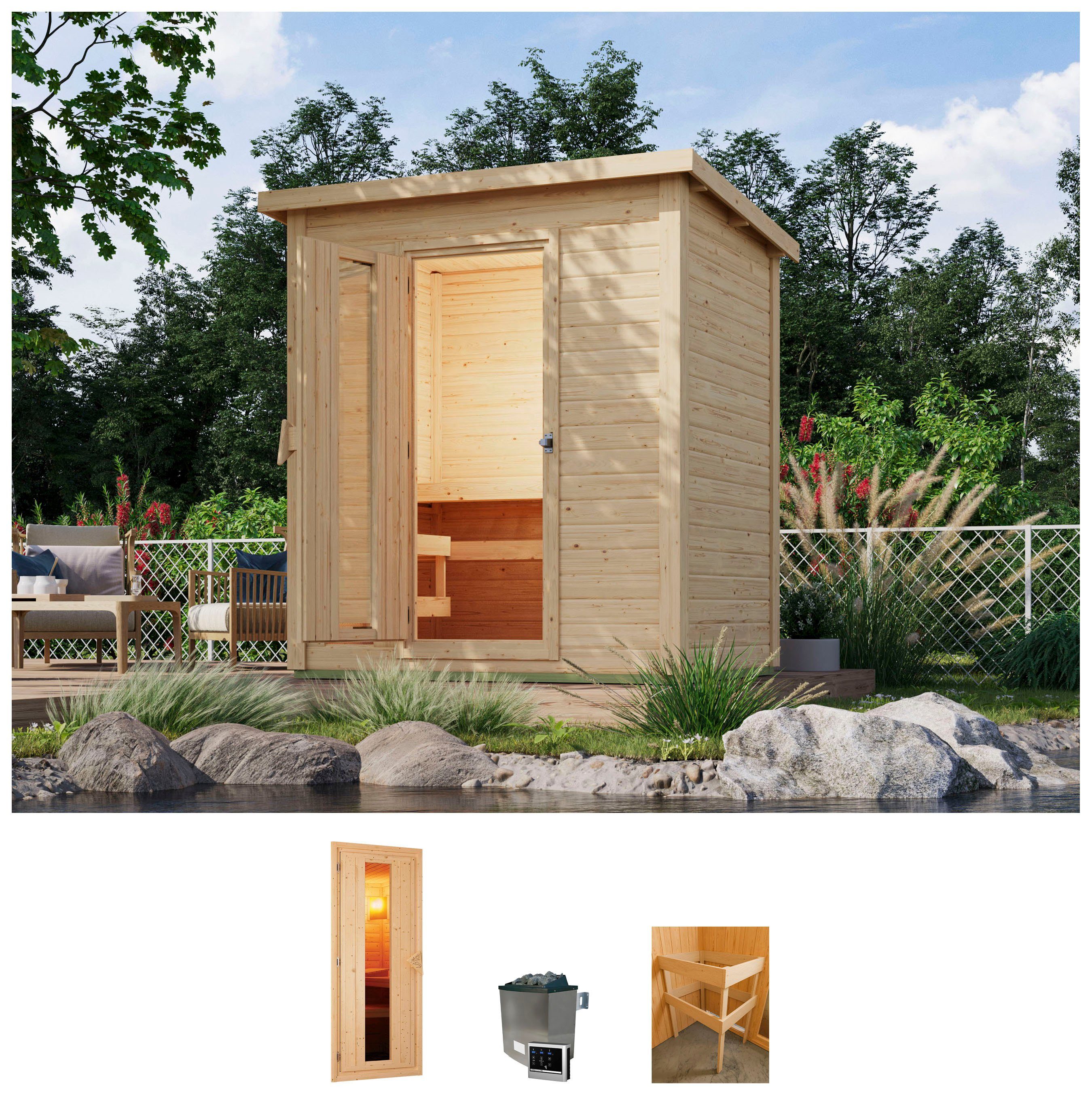 Karibu Saunahaus Talo 1, BxTxH: 213 x 163 x 228 cm, 38 mm, (Set) Ofen 9 kW Bio externe Strg easy