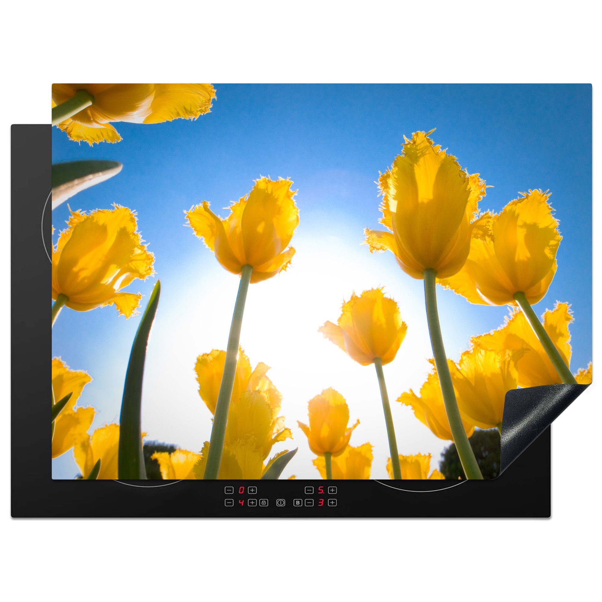 MuchoWow Herdblende-/Abdeckplatte Gelbe Tulpen unter blauem Himmel, Vinyl, (1 tlg), 70x52 cm, Mobile Arbeitsfläche nutzbar, Ceranfeldabdeckung