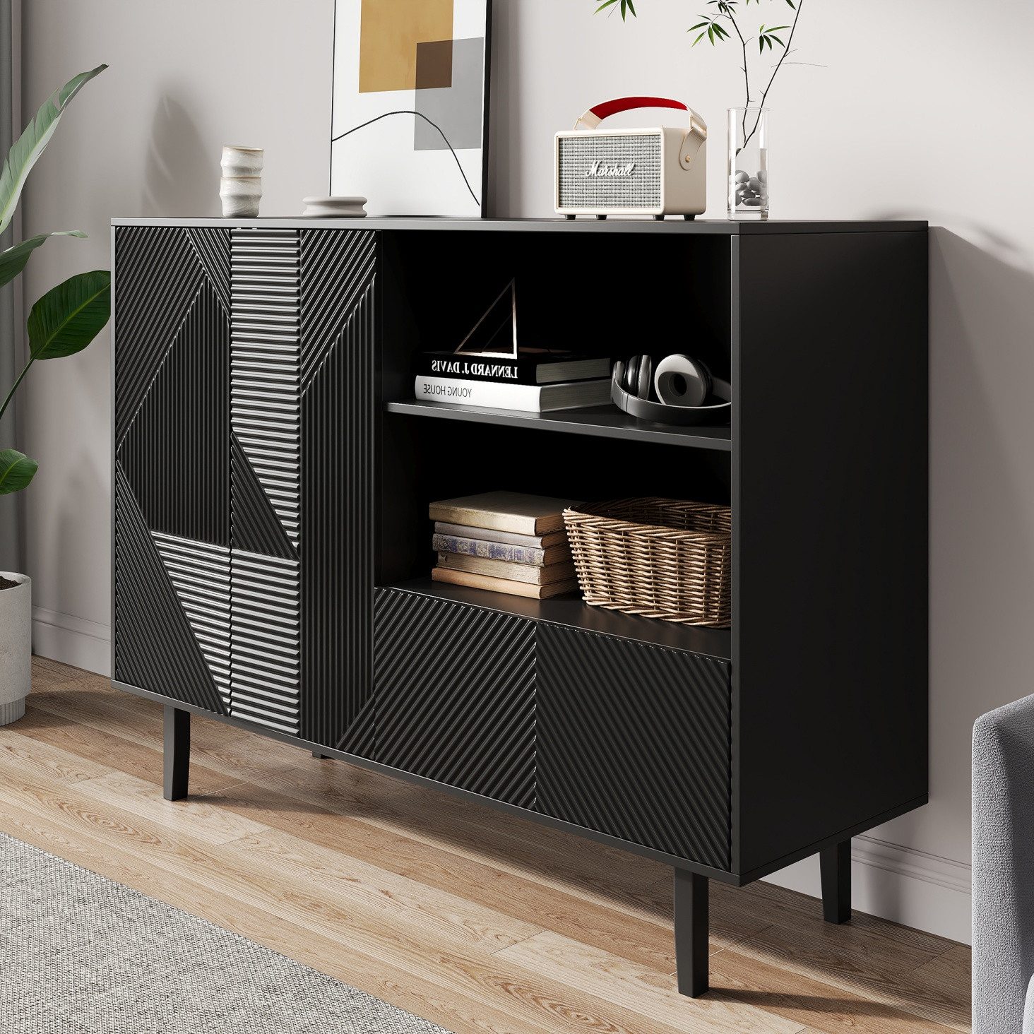 IDEASY Sideboard Matt-Schwarz Sideboard mit 2 Türen, Schublade, Aufbewahrungsschrank (verstellbare Einlegeböden & Anti-Kipp-Sicherung), Hochwertige Spanplatte, 80kg Tragkraft, Modernes Riffelmuster-Design