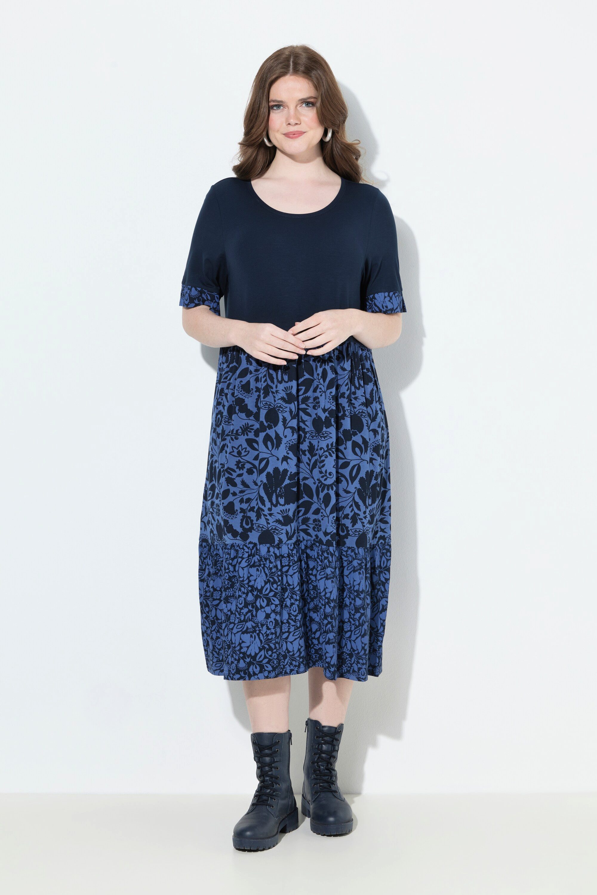 Ulla Popken Midikleid Jerseykeid Lagenoptik A-Linie Rundhals Halbarm günstig online kaufen