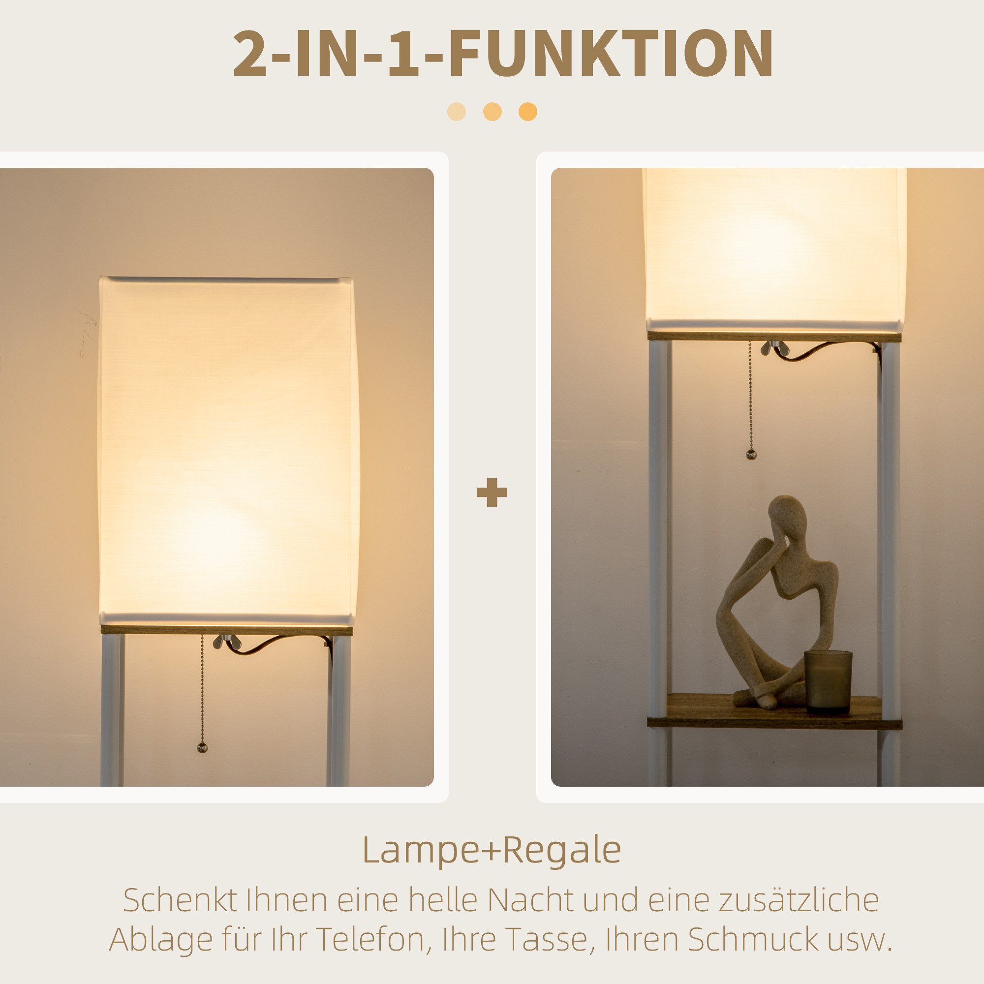 HOMCOM Stehlampe Stehleuchte Standleuchte mit Regal, E27 Fassung, exkl. Glühbirne, Leuchtmittel wechselbar, für Wohnzimmer, Weiß – Bild 5 von 5