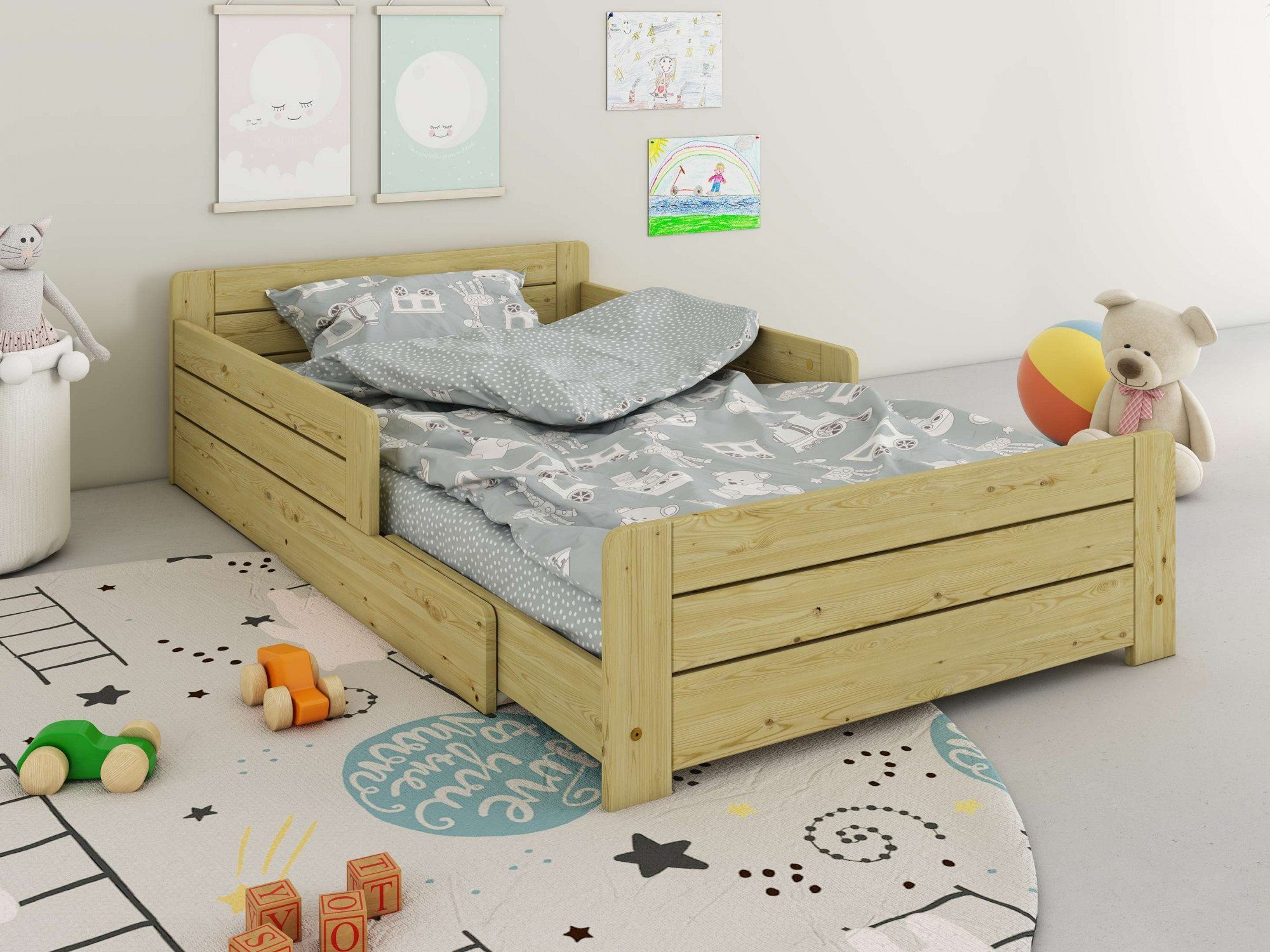 Lüttenhütt Kinderbett " Kinderbett, ausziehbar, " Liegefläche ANNEKE 140cm-200cm Montessori Stil, Bodenbett,im Massivholz von zertifiziertes