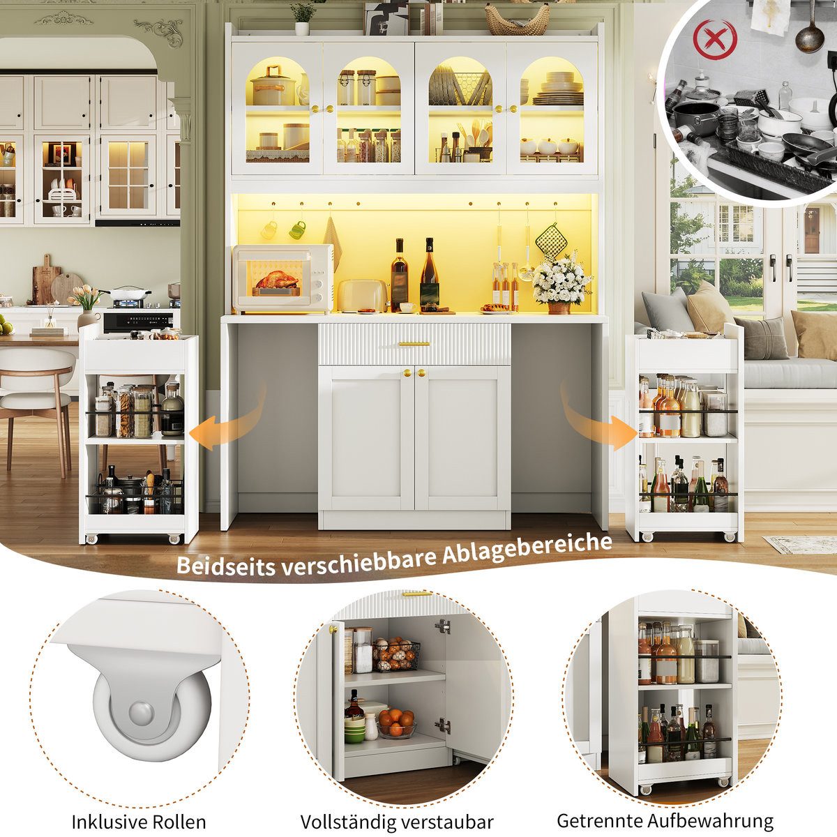 Odikalo Küchenbuffet Küchenschrank Buffetschrank mit LED Schublade und Roll-Ablagen (Hochküchenschrank 120cm mit RGB-LED, App-Steuerung, 3 Glasvitrinen, Schubkä – Bild 4 von 5