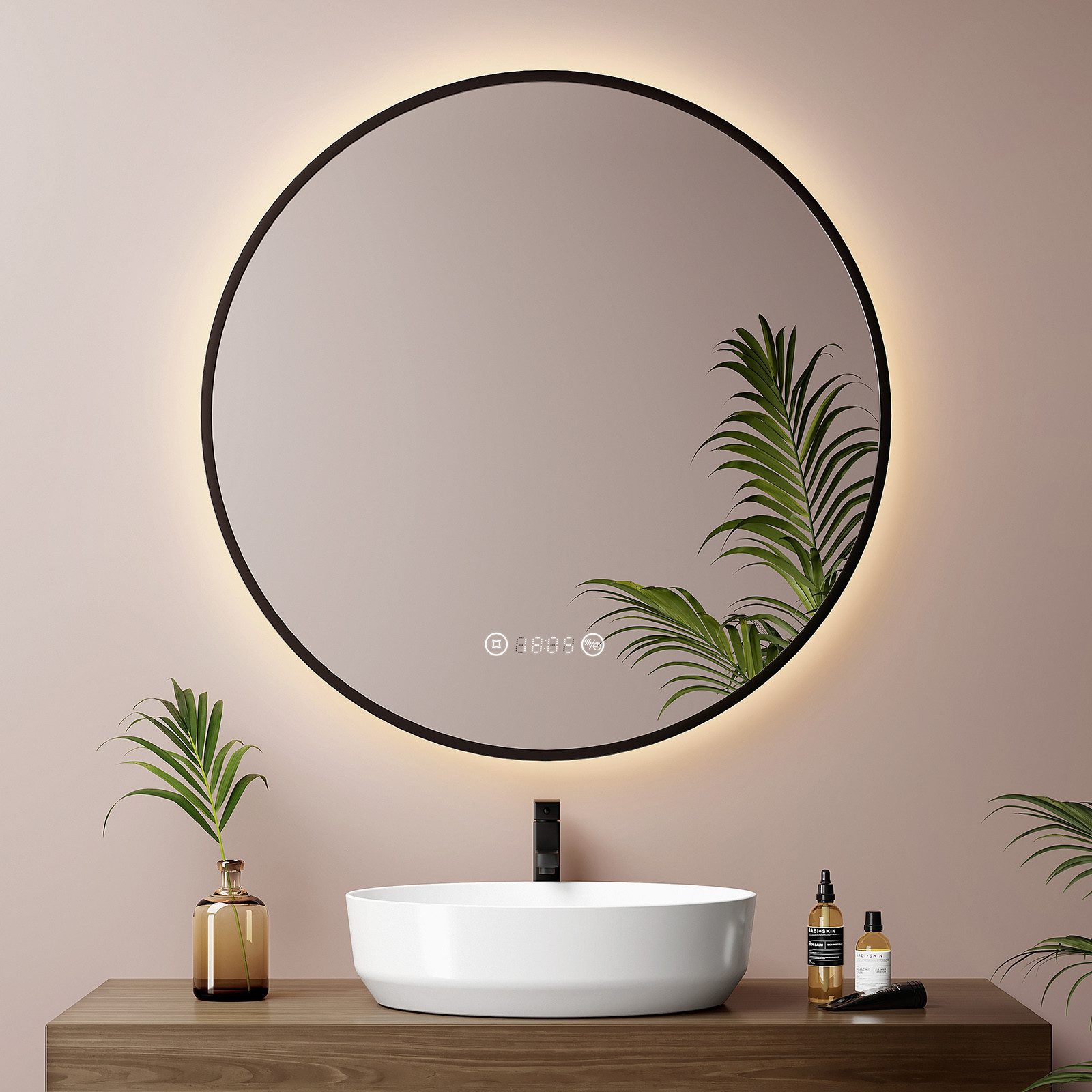 EMKE Badspiegel mit Beleuchtung und Antibeschlag, Uhr & Temperaturanzeige ( günstig online kaufen