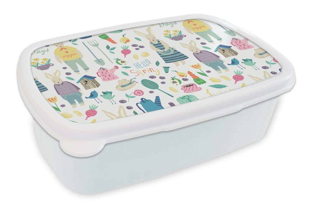 MuchoWow Lunchbox Muster - Kaninchen - Frühling - Garten, Kunststoff, (2-tlg), Brotbox für Kinder und Erwachsene, Brotdose, für Jungs und Mädchen weiß
