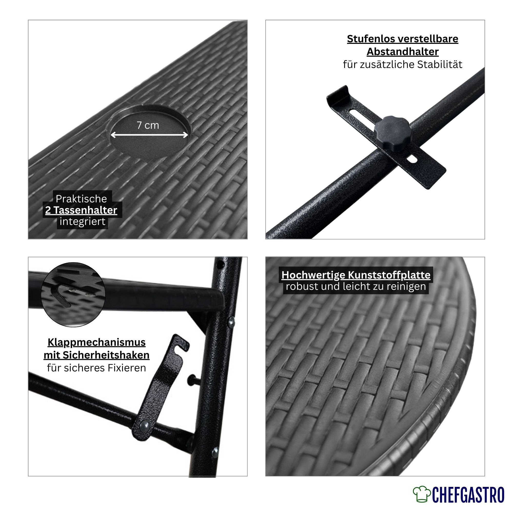 PROREGAL® Balkonhängetisch Balkontisch klappbar 60x40cm Rattan Optik Schwarz Metall Kunststoff, Wetterfester, 3-fach höhenverstellbarer Balkontisch zum Hängen – Bild 4 von 5