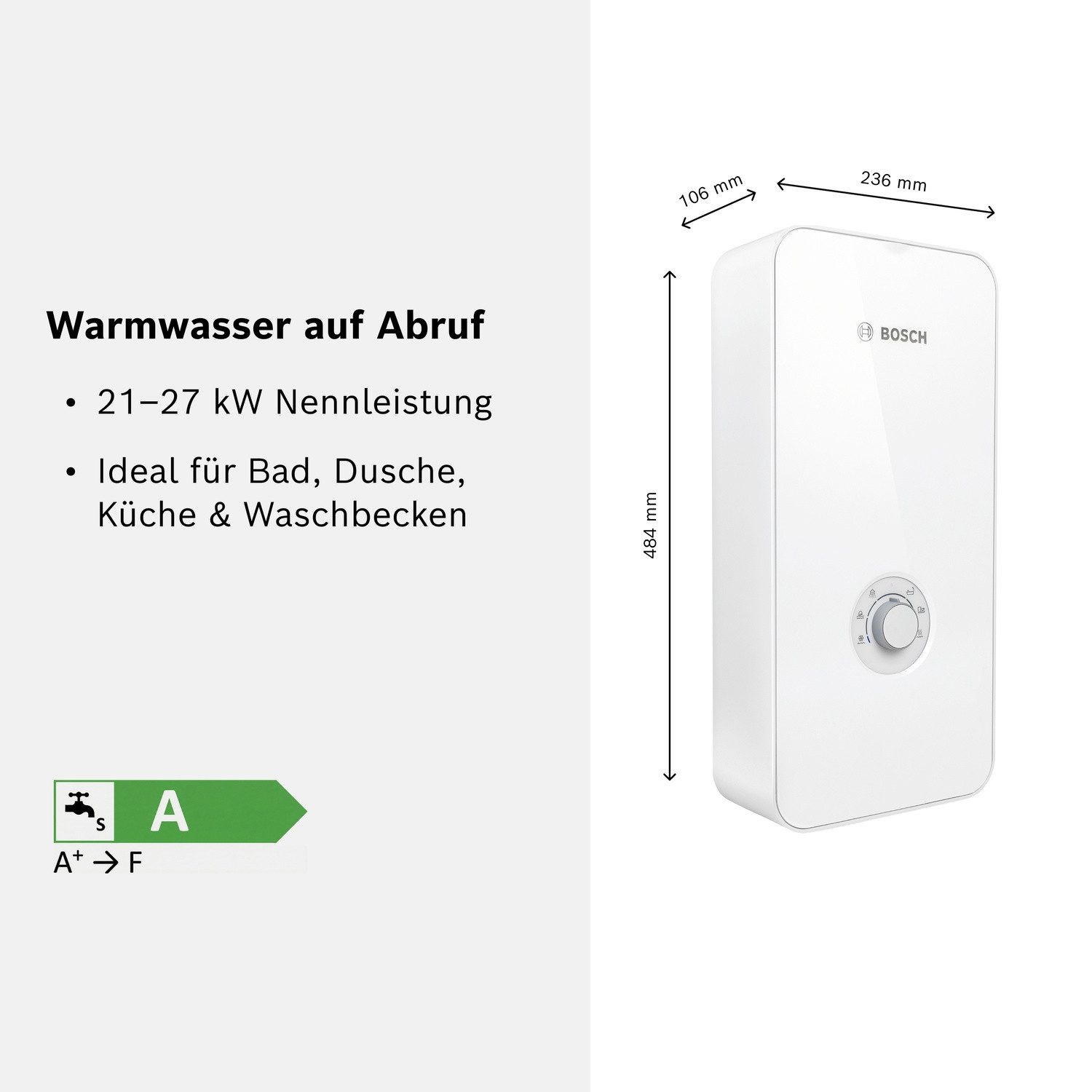 BOSCH Durchlauferhitzer Tronic Comfort, Plus, Umschaltbar, druckfest, stufenlose Temperaturwahl, moderne Glas-Optik