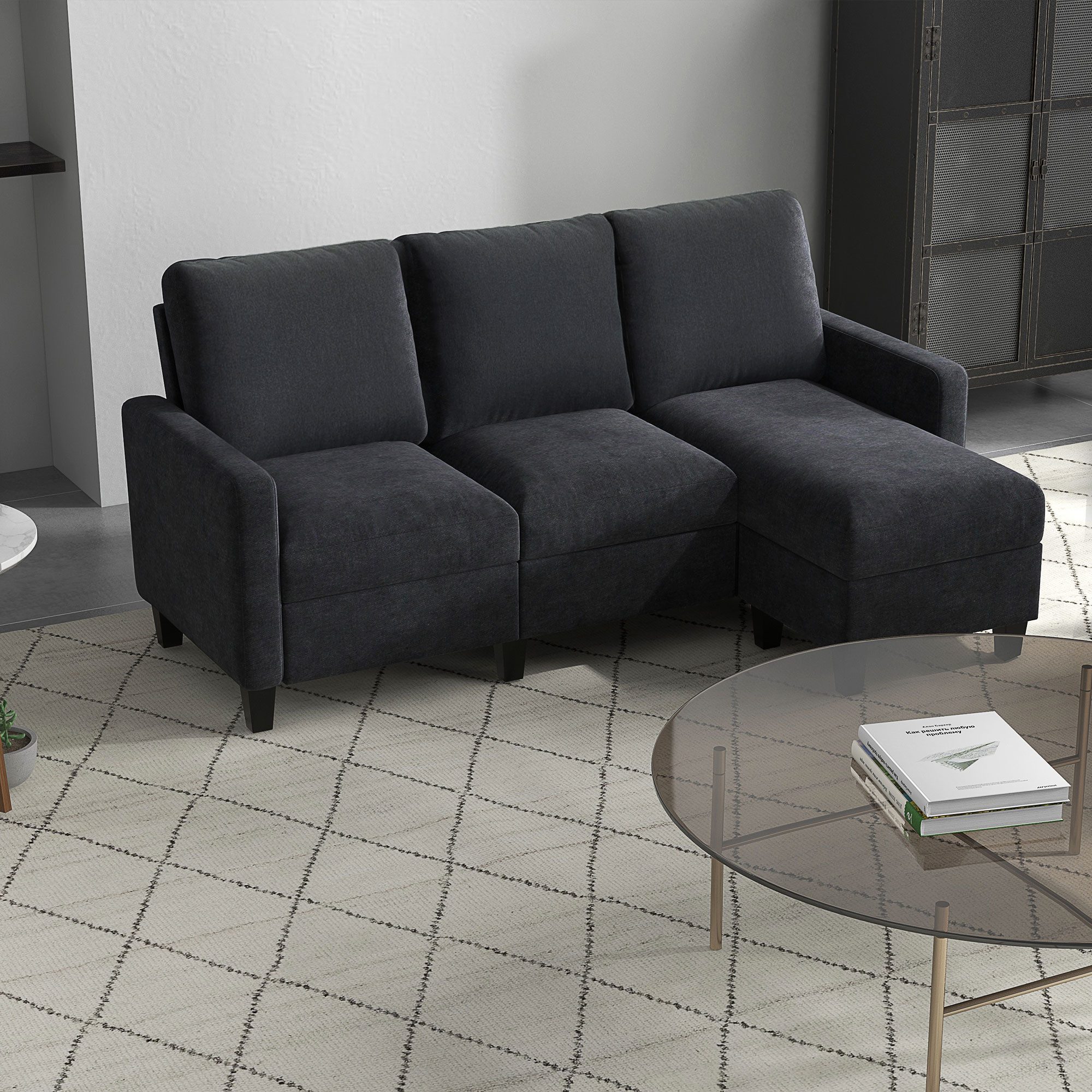 HOMCOM Ecksofa Couch mit wendbarer Chaiselongue, L-Form, gepolsterte Eckcouch, 3-Sitzer-Sofa 1 Teile, für Wohnzimmer, Dunkelgrau
