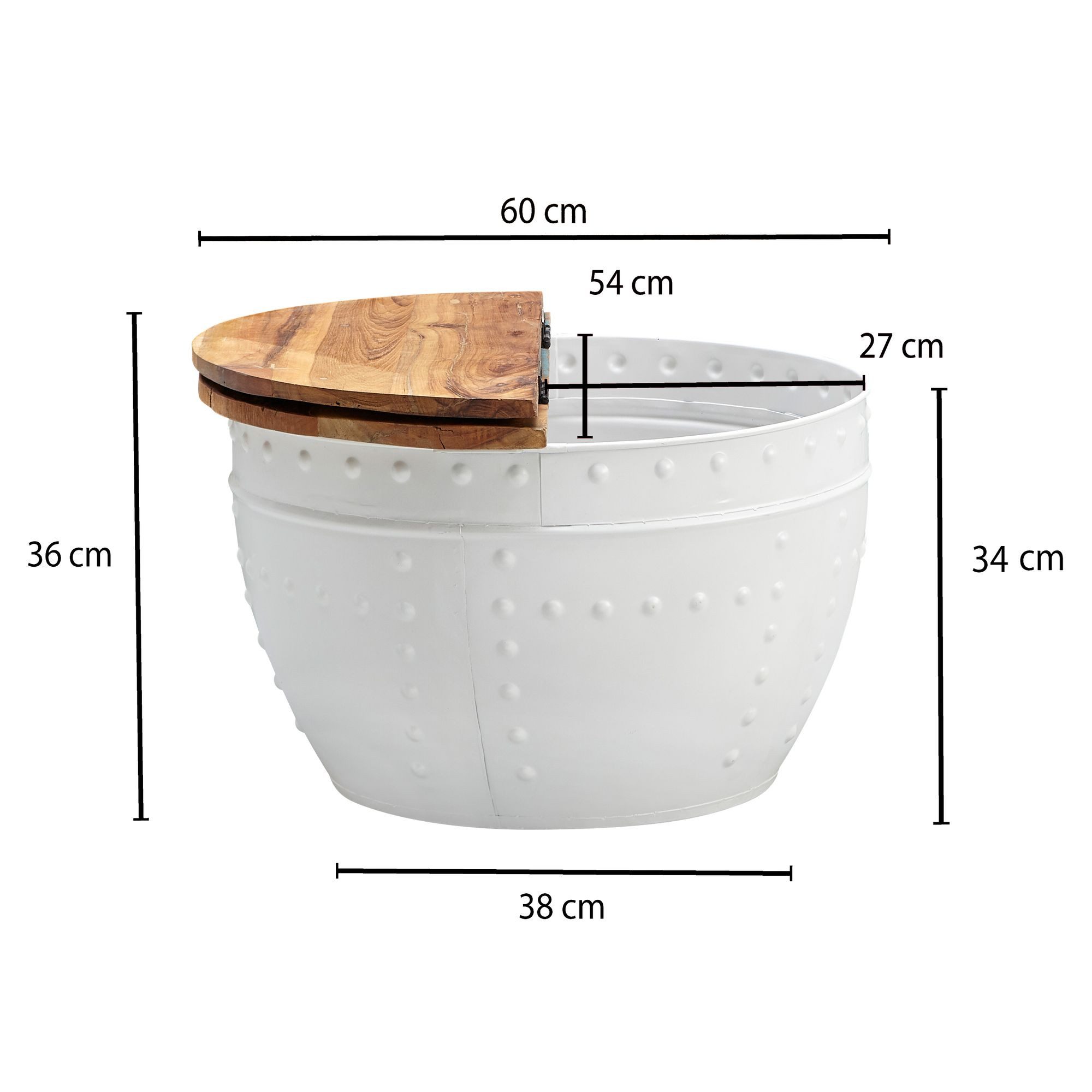 FINEBUY Couchtisch FB24605 Mango Massivholz Ø60cm Wohnzimmertisch Sofatisch Stauraum (60x36x60 cm Mango Massivholz Metall Weiß Rund), Sofatisch mit Stauraum, Wohnzimmertisch Shabby