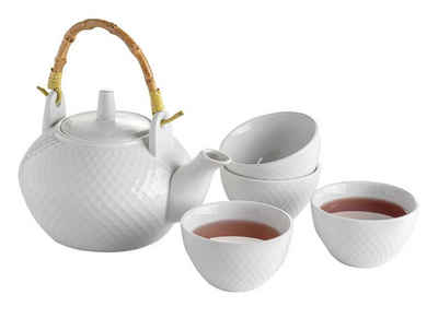 Teekanne OXFOK, 5-teiliges Set, inkl. 4 Teetassen, Weiß, 0,80 l, Porzellan, mit Henkel