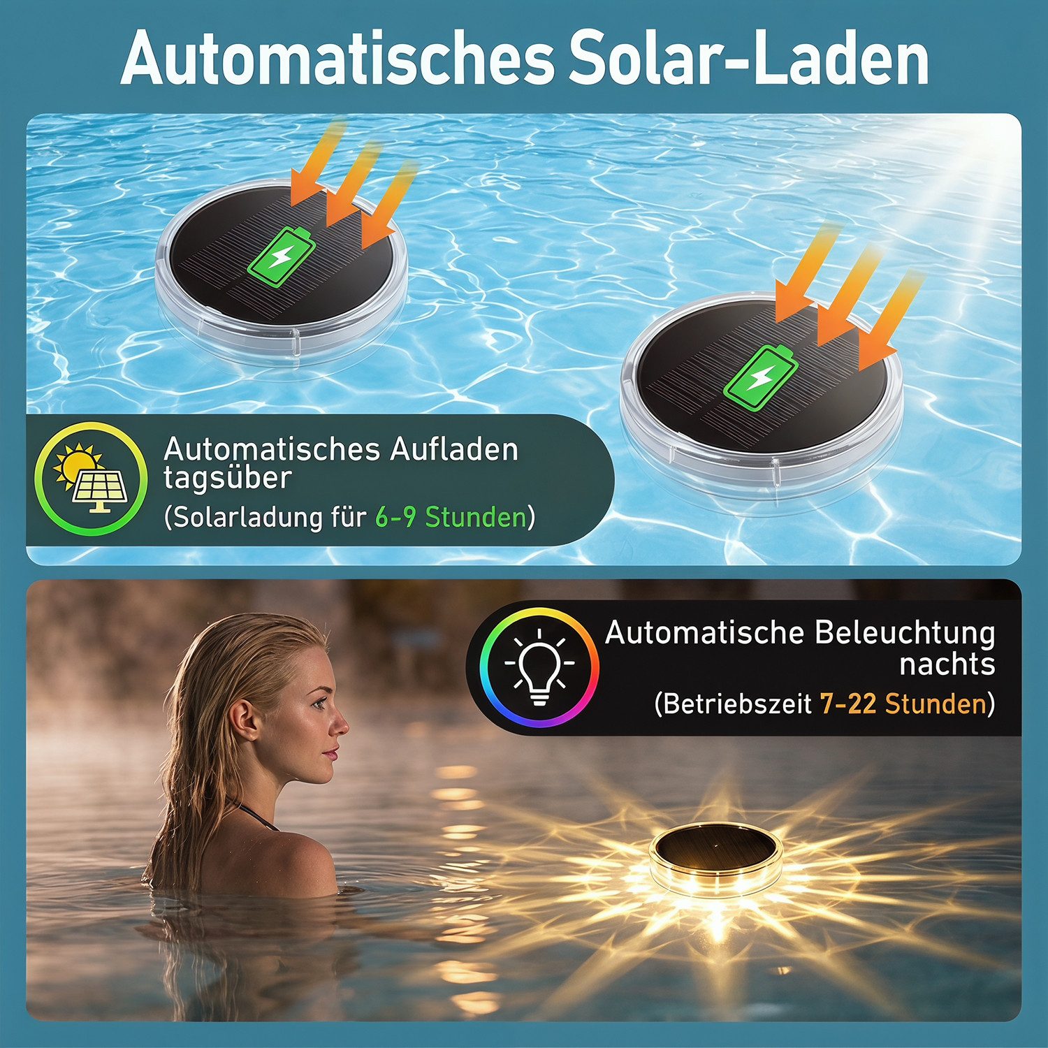 oyajia Pool-Lampe Schwimmende Poolbeleuchtung, RGB Solar Poollicht mit Fernbedienung, 2er Set, LED fest integriert, RGB, IP68 Wasserdicht Unterwasser Licht für  – Bild 4 von 5