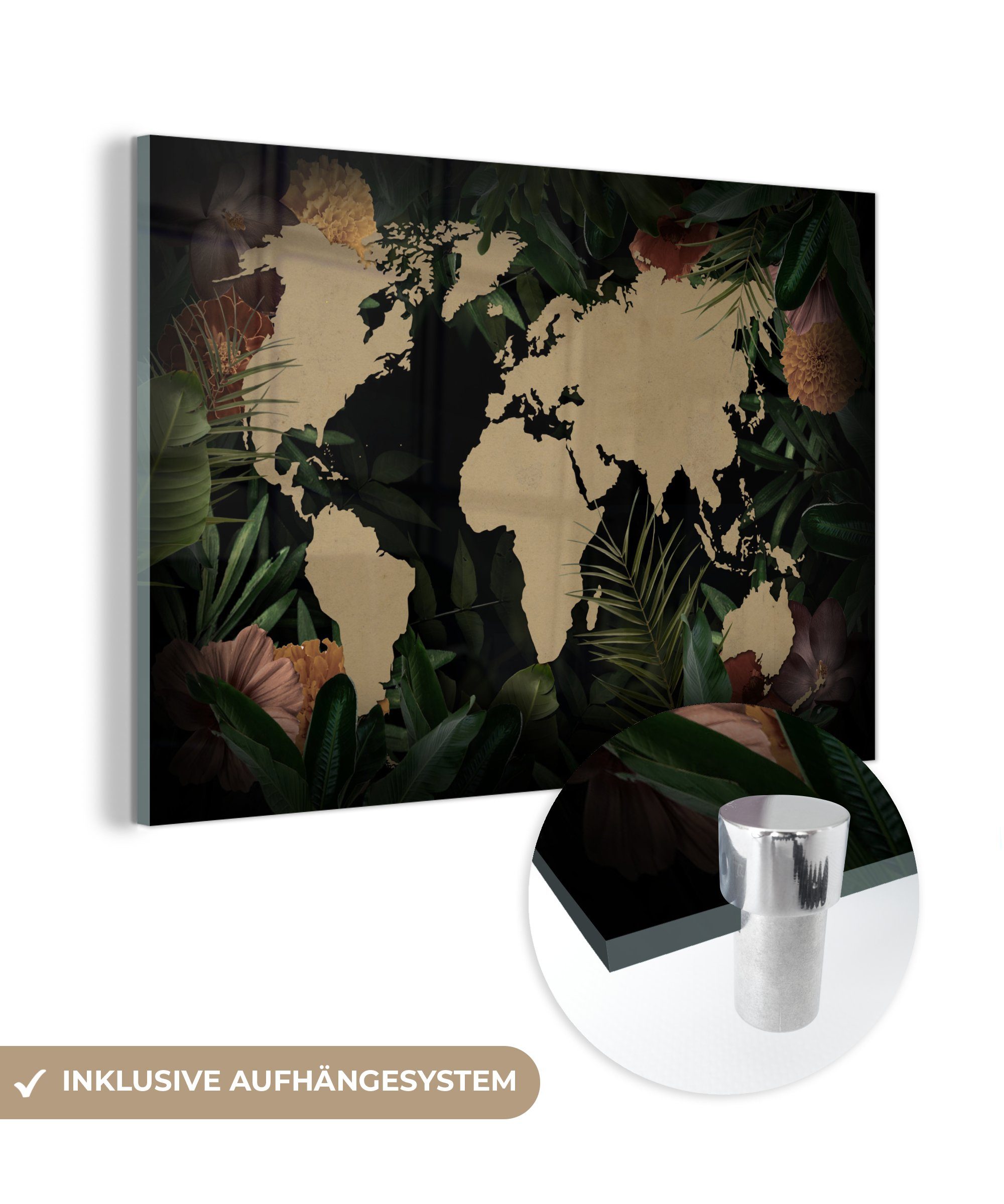 Wandbild - Glas Wanddekoration Acrylglasbild Weltkarte auf (1 Glas Bilder Glasbilder MuchoWow - St), Foto Blumen, auf - - Pflanzen -