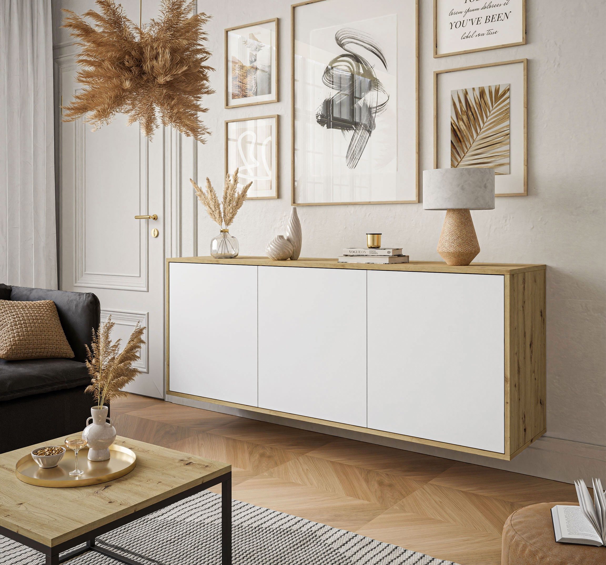 Kommode MANDY dreitüriges Sideboard Artisan Eiche Weiß oder Schwarz matt