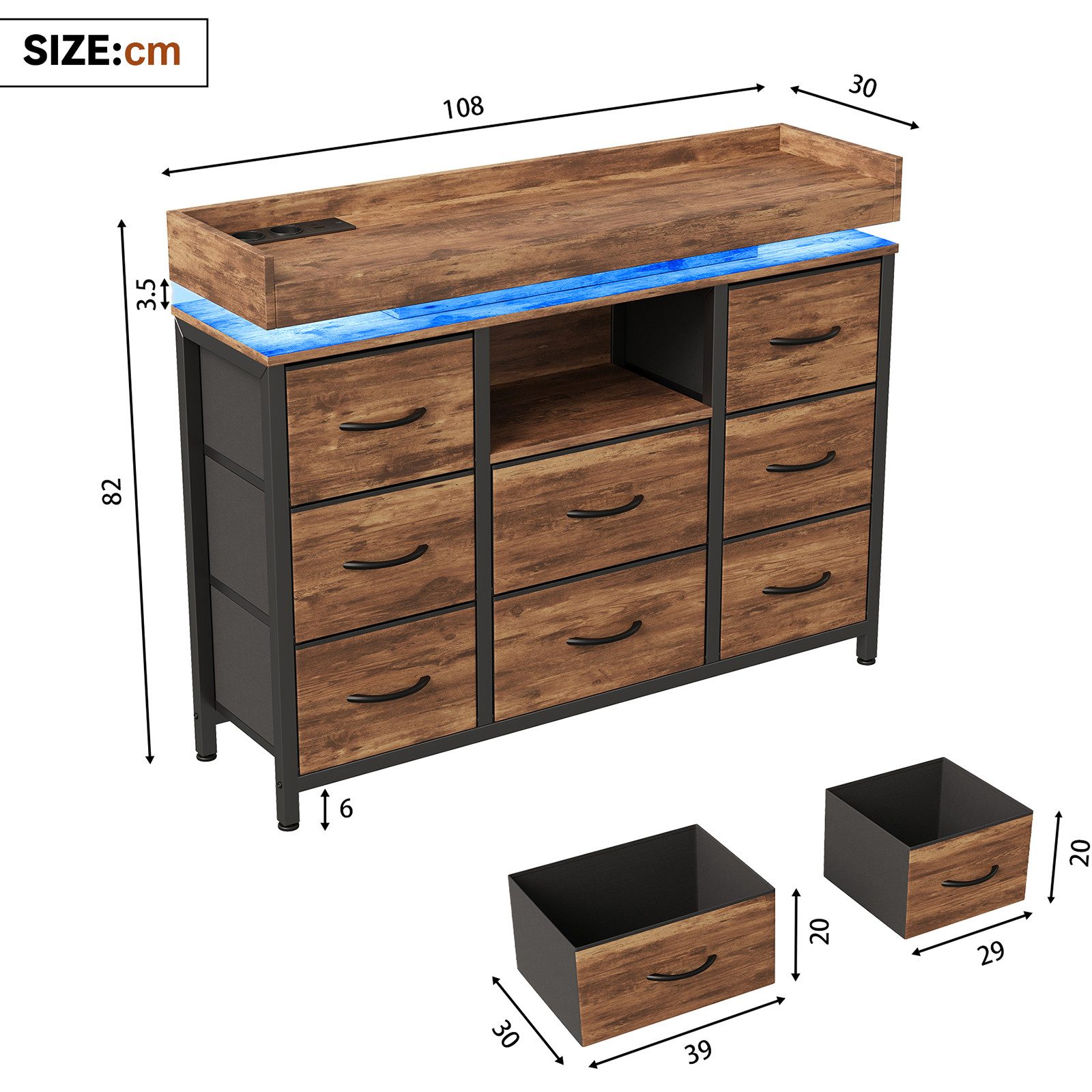 FUROKOY TV-Schrank Kommode mit 8 Schubladen aus Stoff (Fernsehschrank Sideboard Metallgestell, Industrie-Design) für Schlafzimmer Wohnzimmer Flur, 108 x 30 x 82 – Bild 5 von 5
