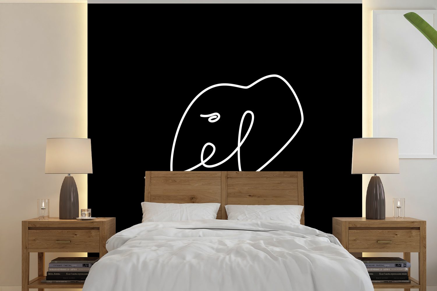 MuchoWow Fototapete Elefant - Einfach - Schwarz - Weiß, Matt, bedruckt, (5 St), Vinyl Tapete für Wohnzimmer oder Schlafzimmer, Wandtapete