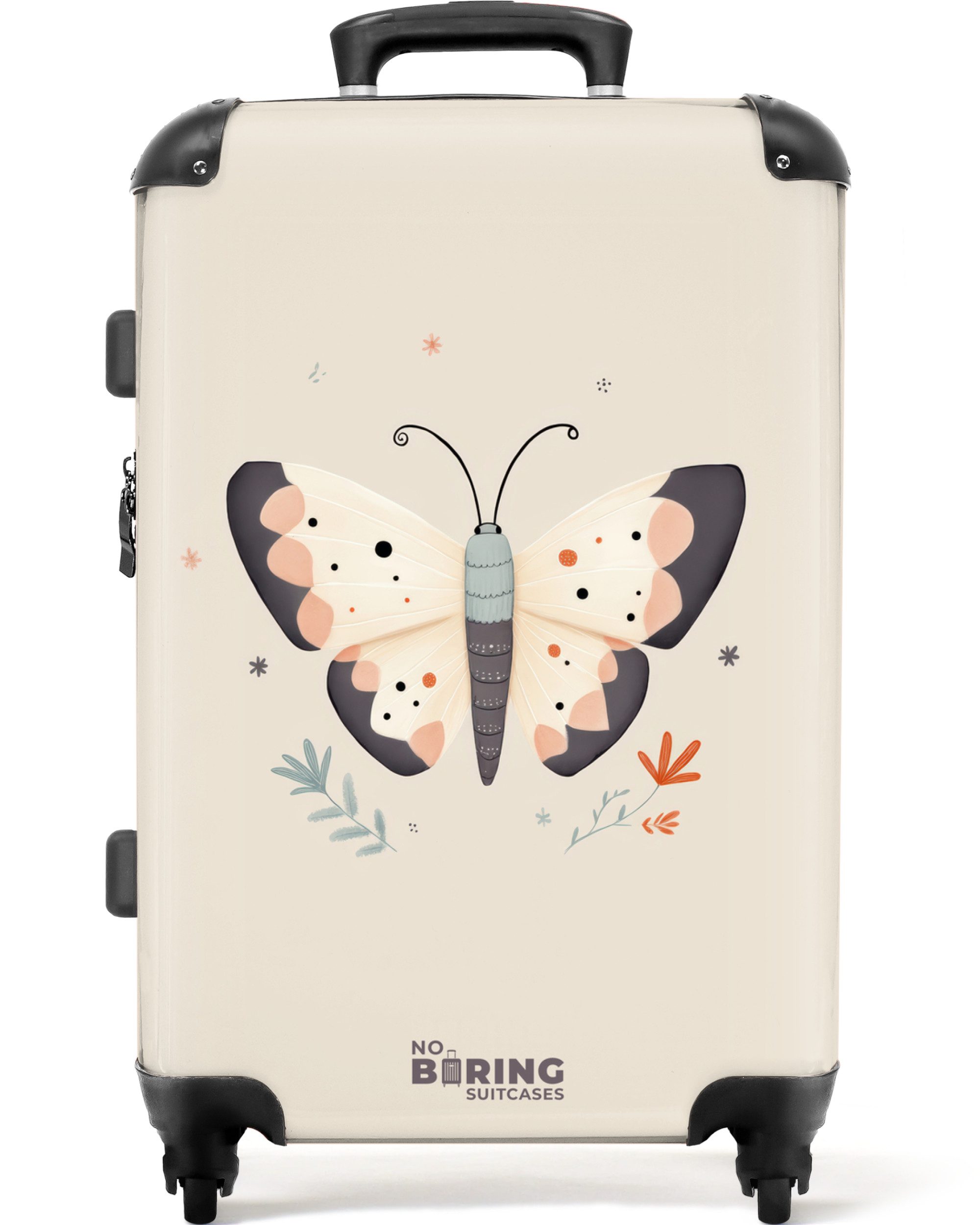 NoBoringSuitcases.com© Kinderkoffer Schmetterling in neutralen Pastellfarben 67 cm - 72 L, Reisetasche mit rollen für 20kg, Koffer für Mädchen, Reisekoffer