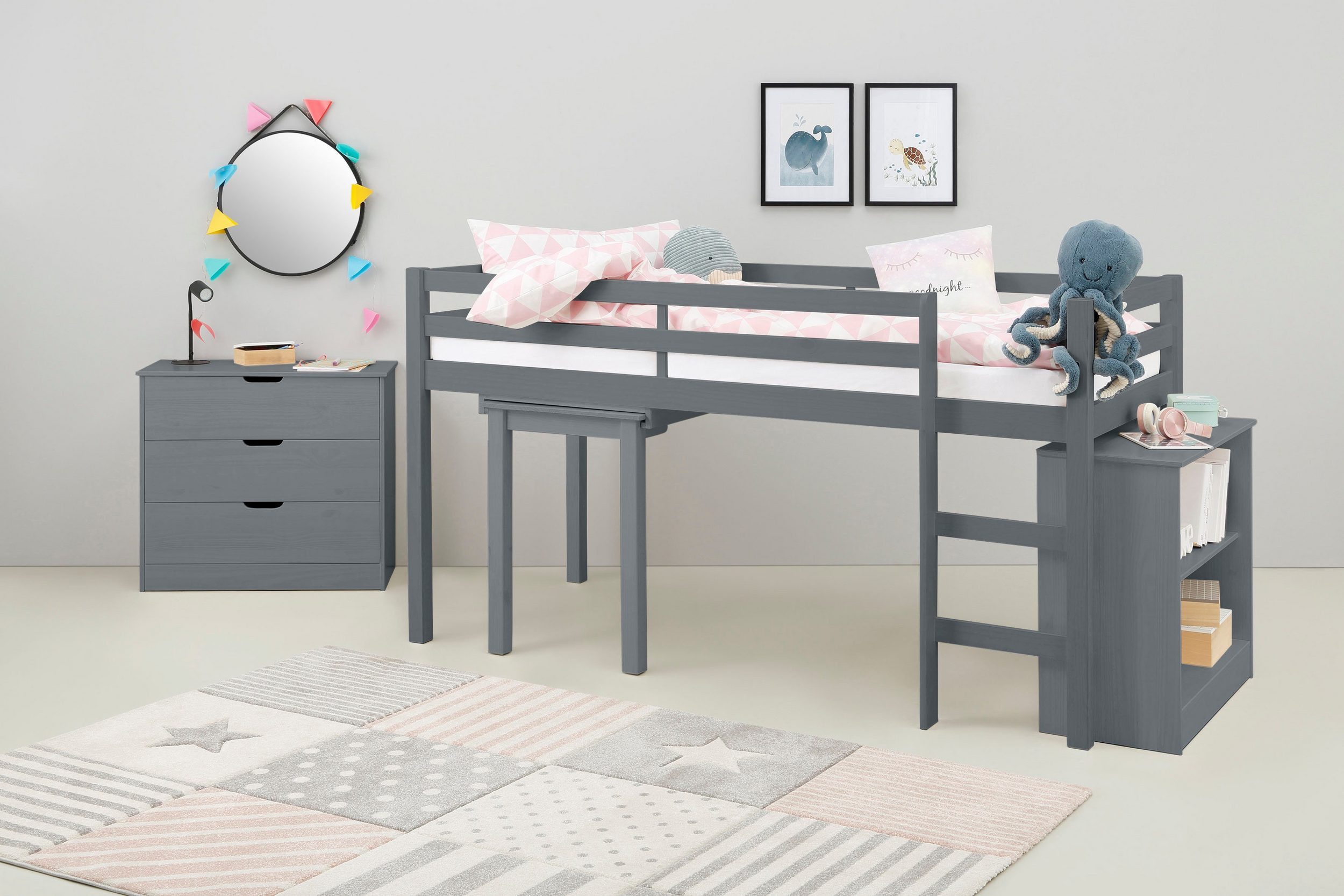 loft24 Hochbett Allie Kinderbett mit Schreibtisch und Kommode, Kiefer Massivholz, Landhaus