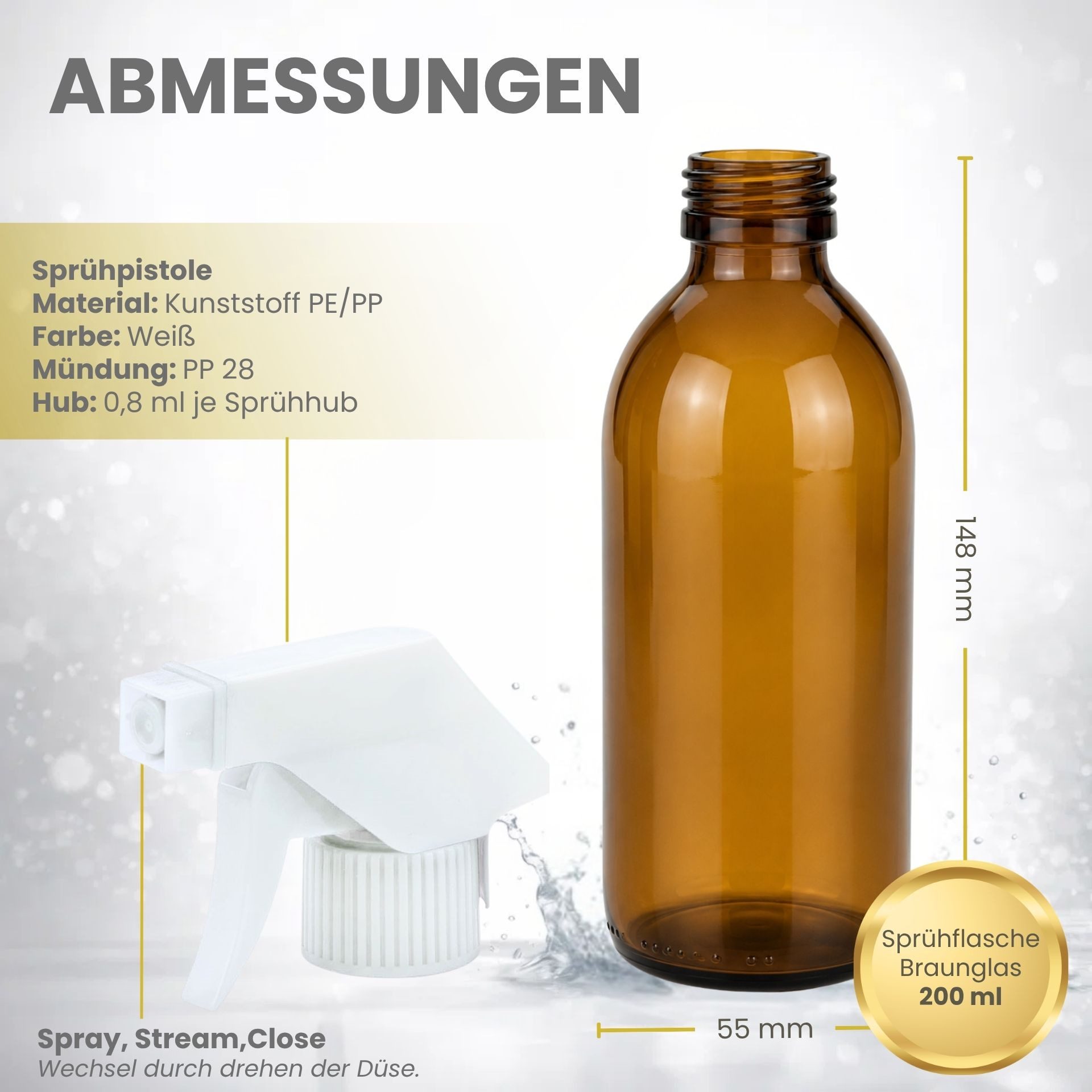 mikken Sprühflasche Sprühflasche 200 ml - 1000 ml braun Glas mit Trigger, Lebensmittelecht, mit UV-Schutz – Bild 4 von 4