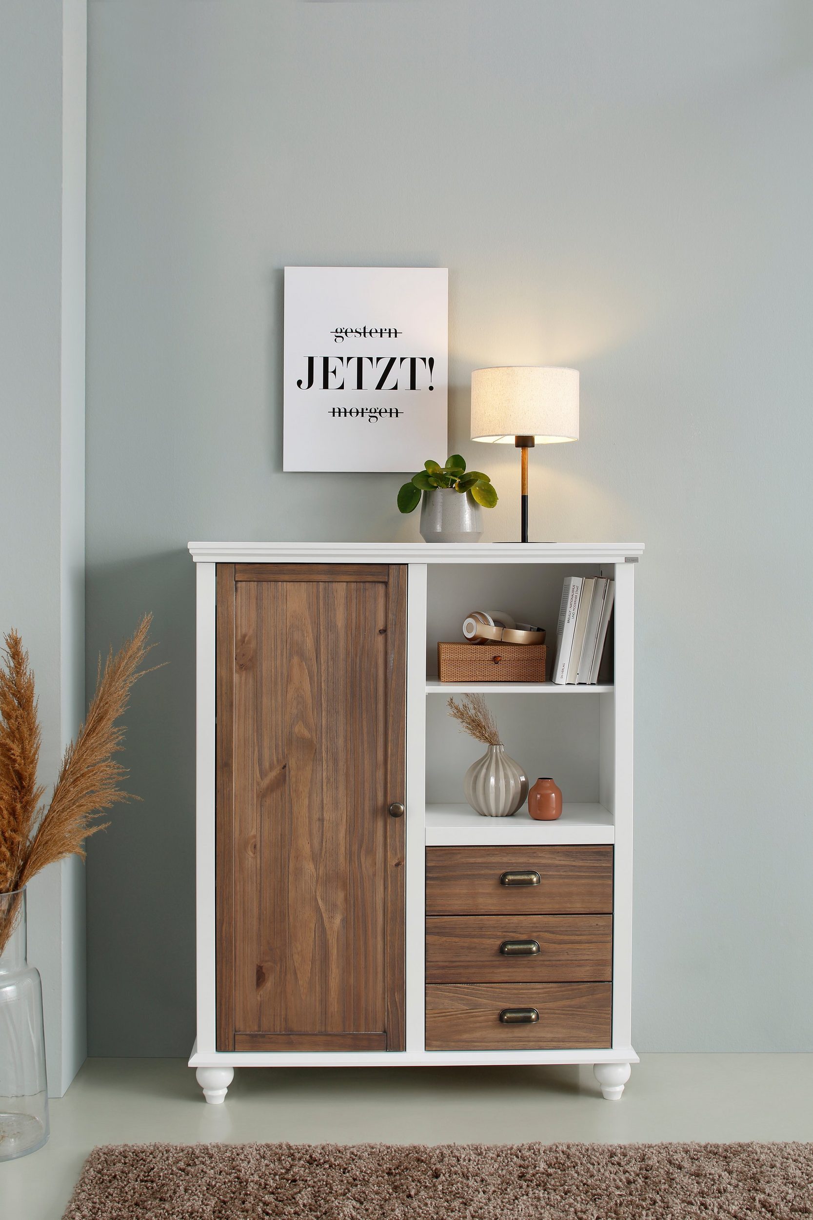loft24 Highboard Marlin - Schrank Mehrzweckschrank Wohnzimmerschrank Kommode, Mehrzweckschrank, Schrank, Kiefer, 3 Schubladen, 1 Tür, Landhaus