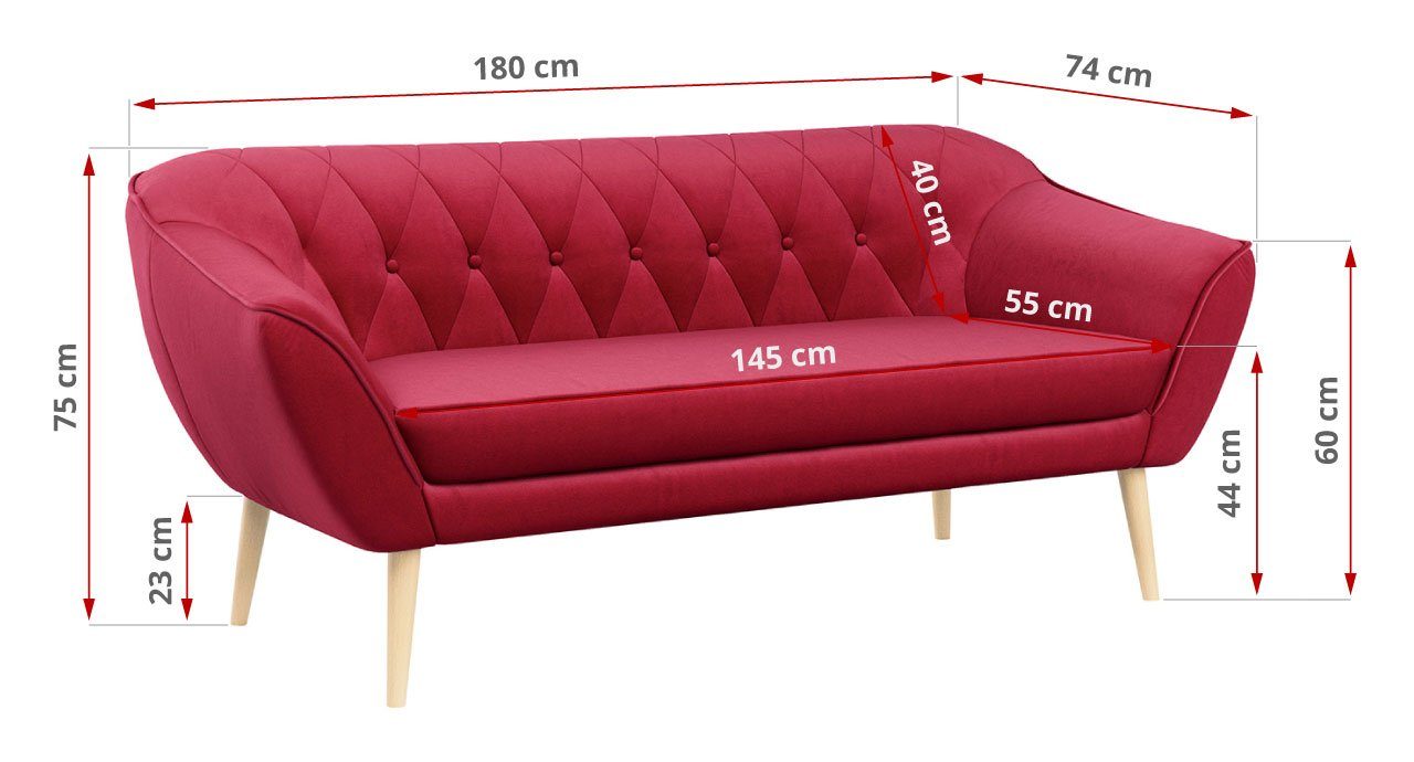 MKS MÖBEL Sofa PIRS-3 Sitzer, Skandinavischer Polsterung, Holzbeine Gesteppte Stil