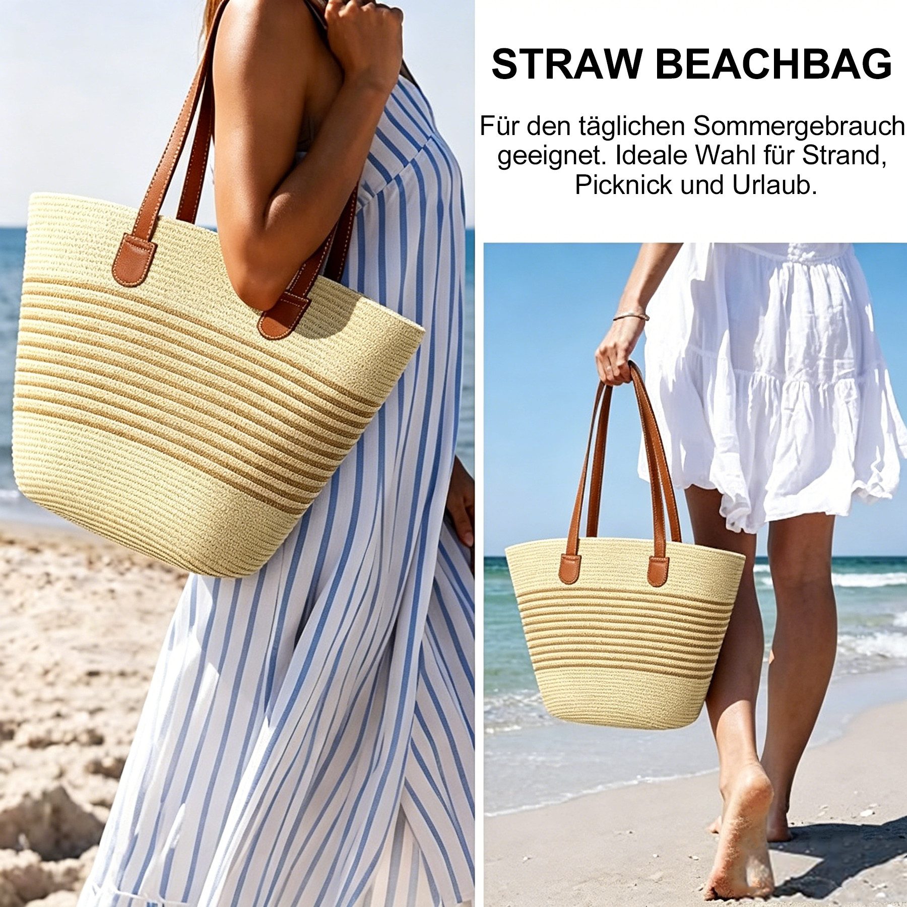 Mutig Strandtasche Strandtasche Damen aus Stroh, Geflochtene Shopper Tragetasche (Schulter- und Umhängetasche, für Strand, Pool, Urlaub, Reisen, Sommer, Einkaufen), 42 x 28 cm