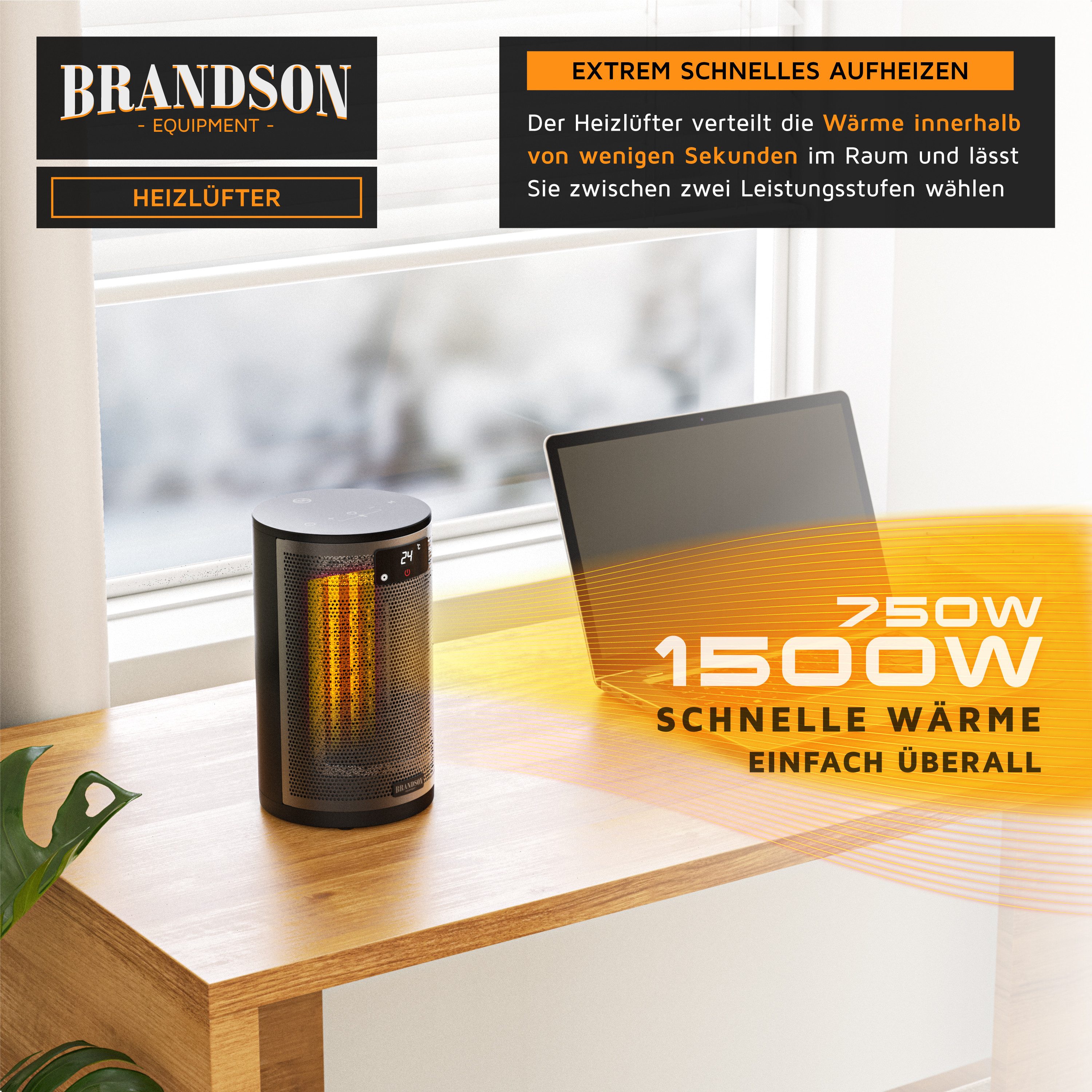 Brandson Heizlüfter Keramik Heizgerät, 2 Heizstufen, ECO-Modus, Fernbedienung, kompakt, 1500 W, Preisträger 2025, Timer, 15–35 °C, Tastensperre, Überhitzungssch – Bild 3 von 5