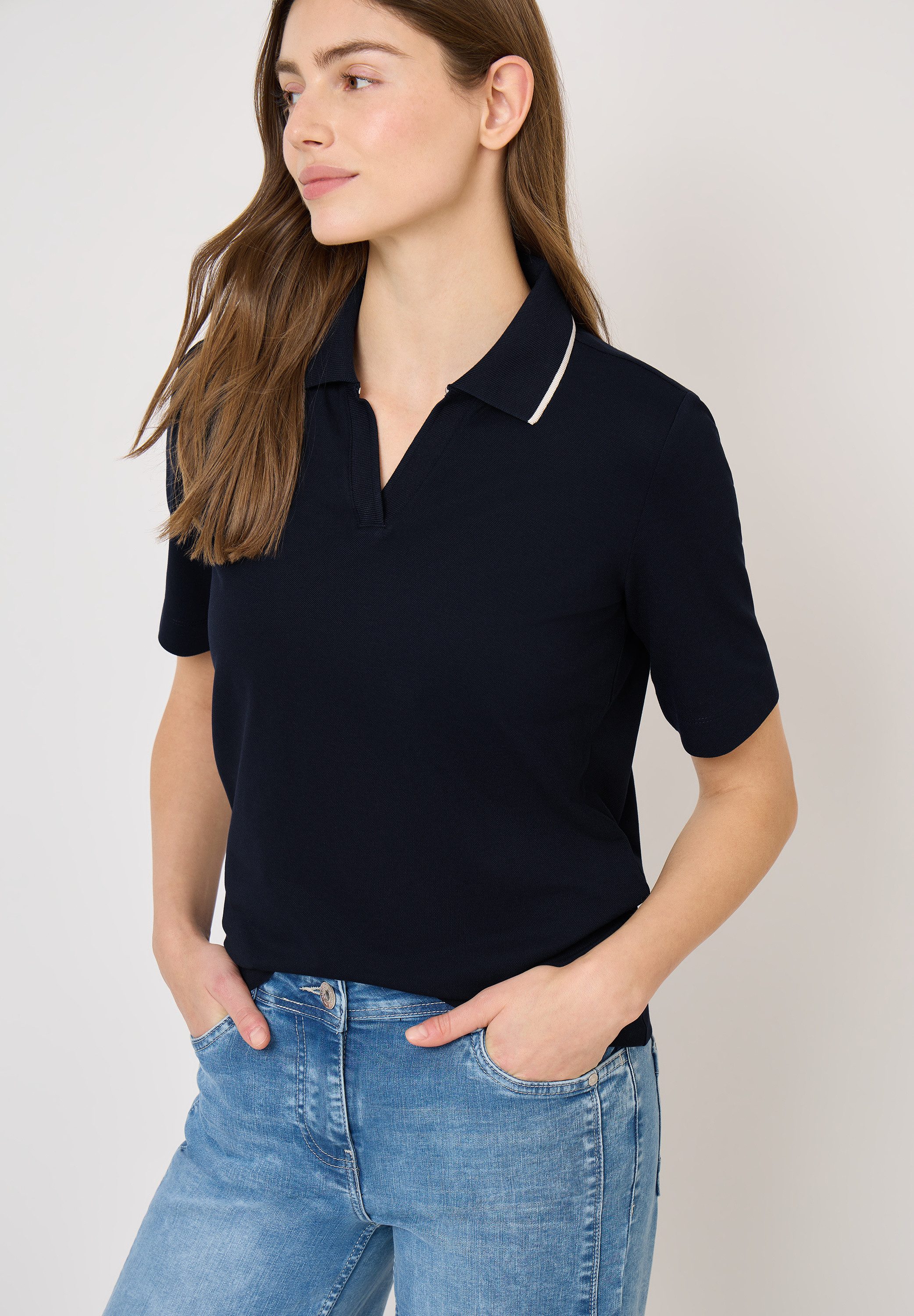 CECIL Poloshirt mit Kontrast-Streifen und V-Ausschnitt günstig online kaufen