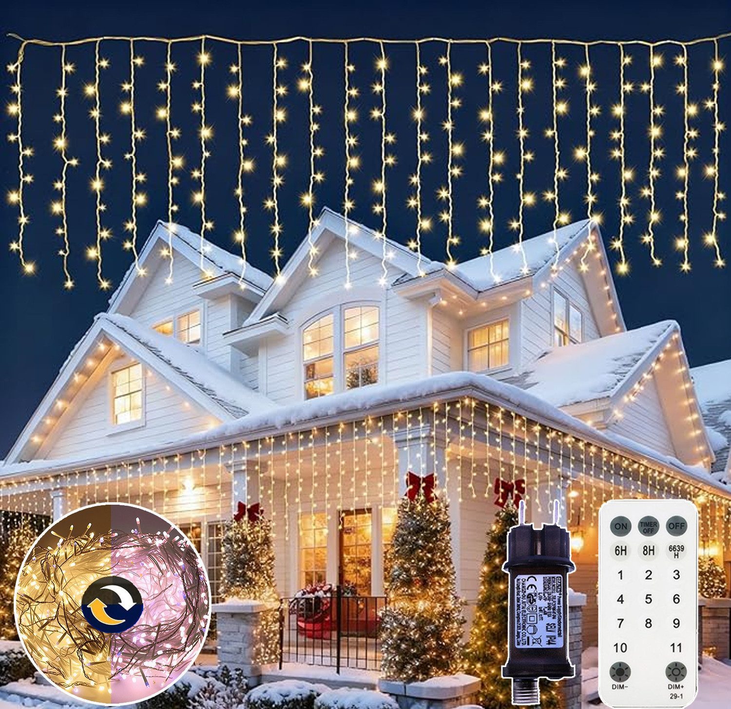XIIW Lichterkette 15m 600LEDs Eiszapfen Lichtervorhang Warm-Kaltweiß Stufenlos Dimmbar, 11 Modi, Timer, Fernbedienung, 31V, Erweiterbar, Innen & Außen