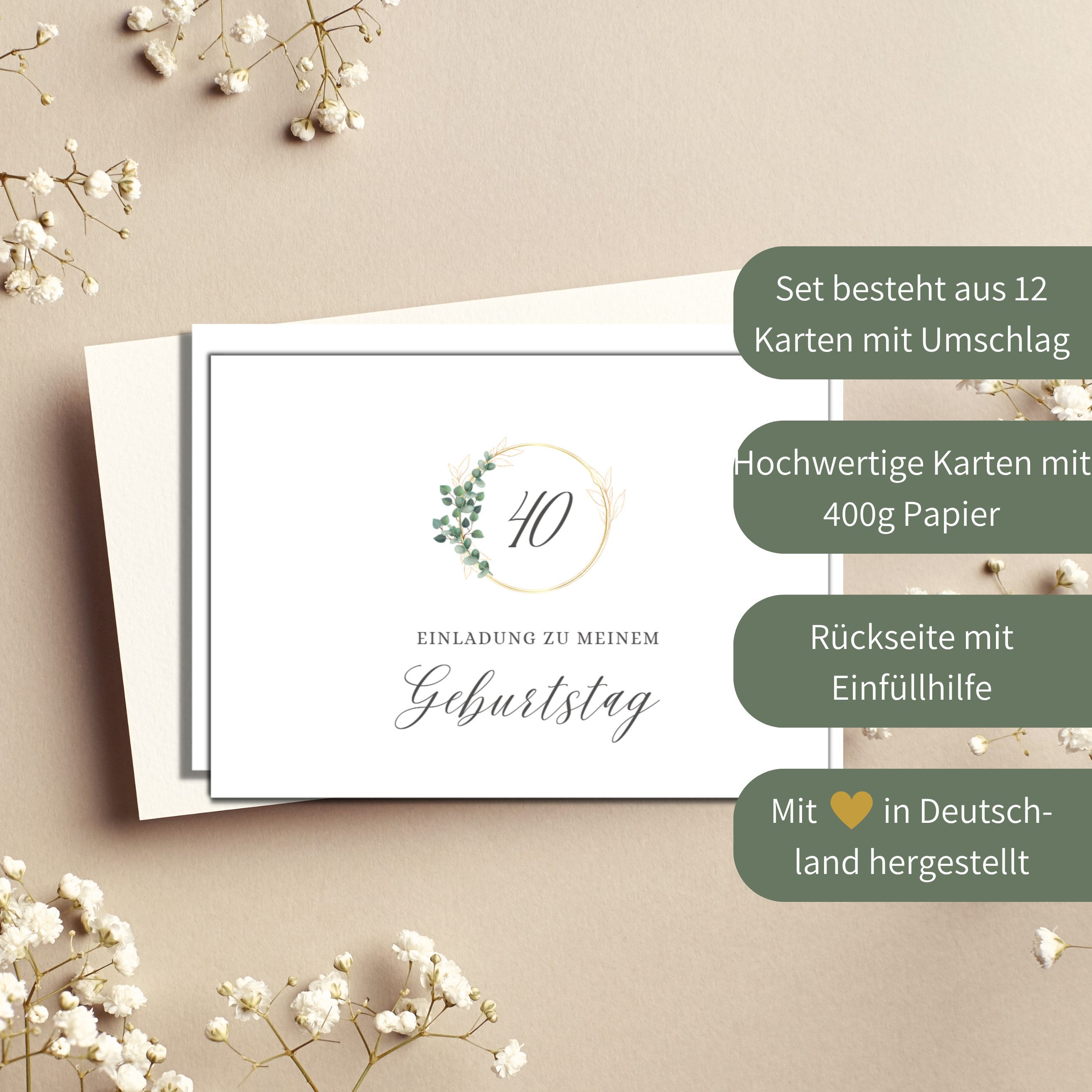 Briefzauber Einladungskarten Geburtstagseinladung 40 Geburtstag, Set 12x Karten & 12x Umschläge
