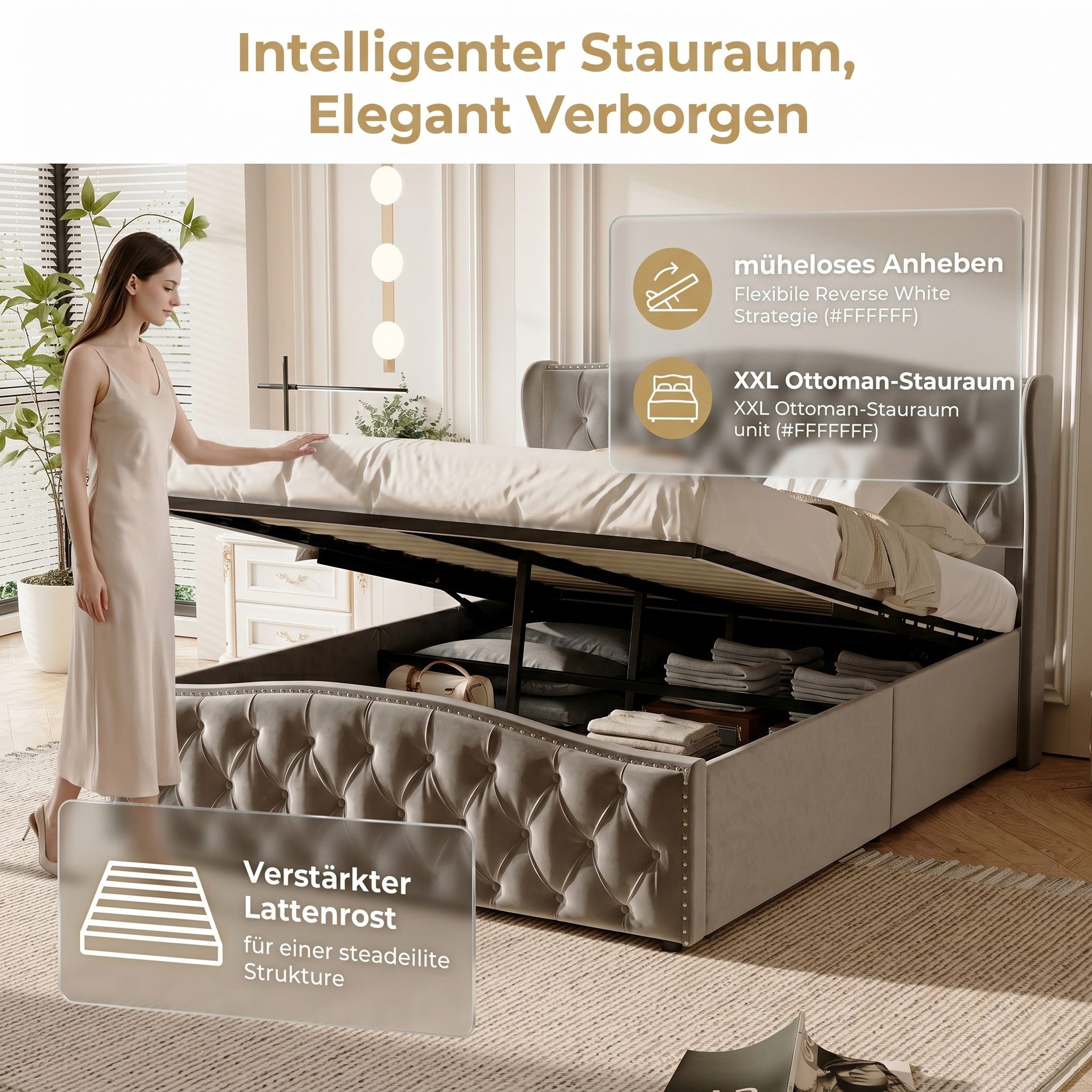 PXloue Polsterbett Hydraulisches Stauraumbett Doppelbett, mit Kopfteil und Lattenrost, Beige, Samt, 140x200 cm – Bild 2 von 5