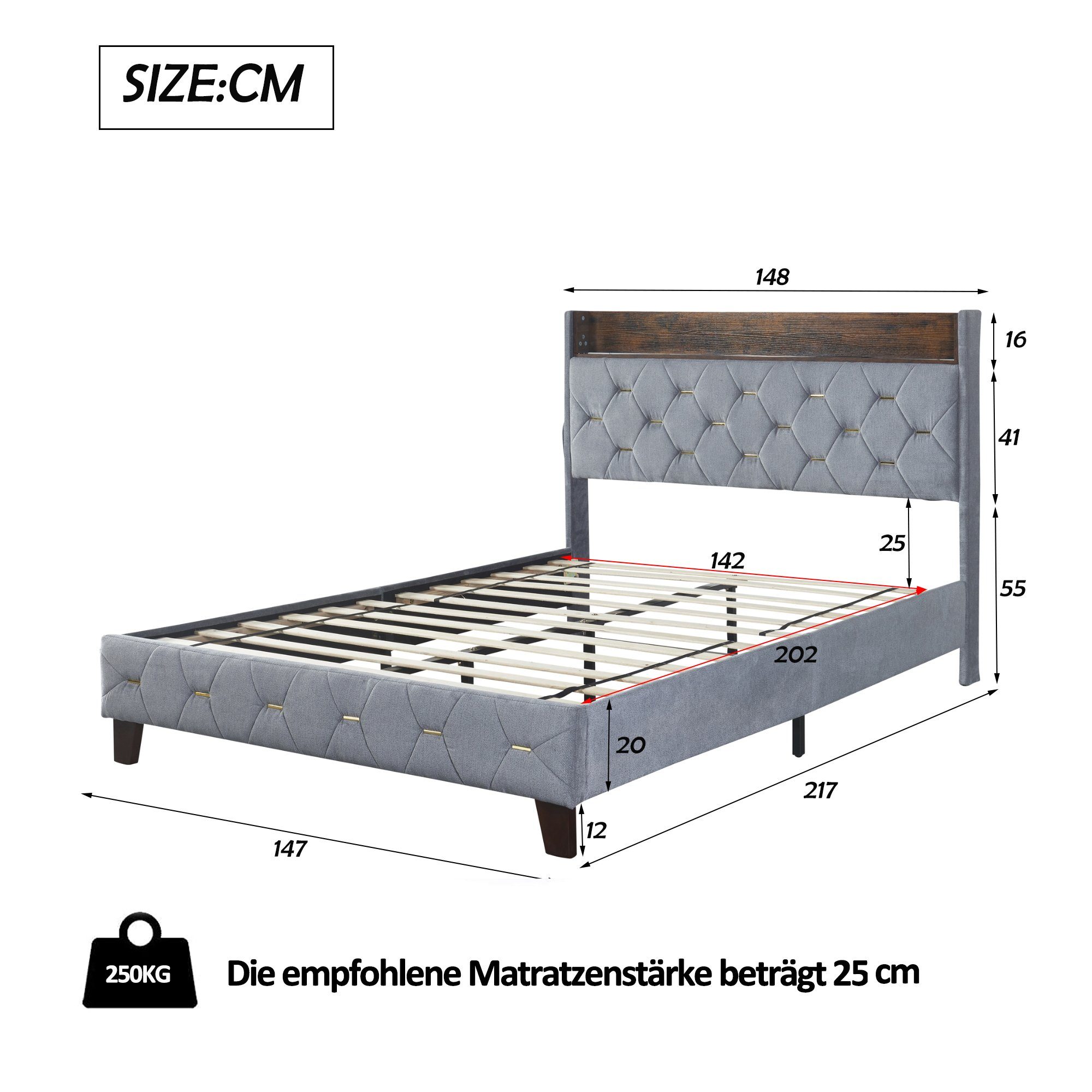 Bettrahmen Polsterbett und Metallrahmen, Kopfteil Gästebett, x 140 Holzlatten), Stauraum Staufächern, Polsterbett USB-Anschluss mit Fangqi Jugendbett, Kopfteil 200cm am mit Doppelbett, aus Massivholz (Familienbett,