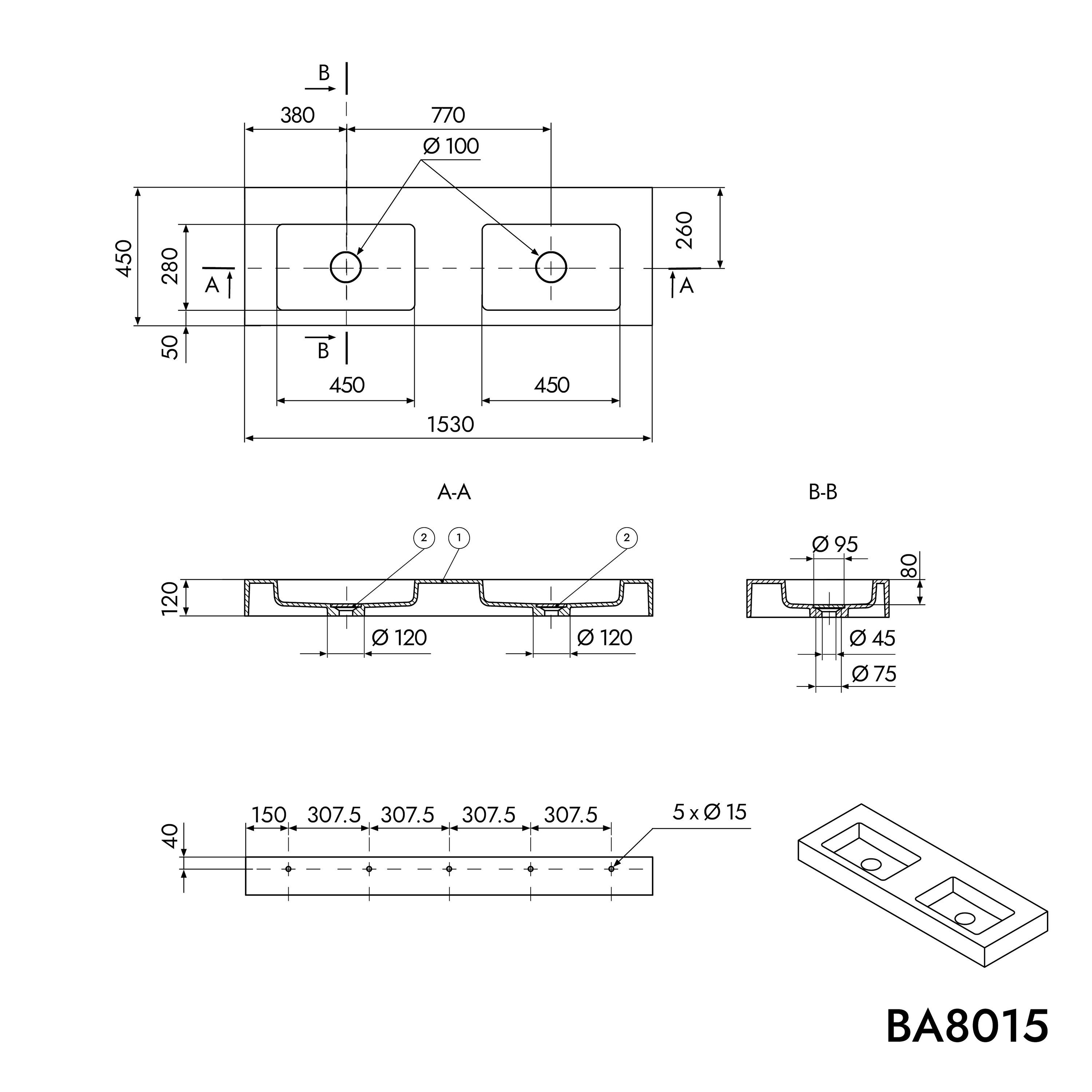 Bernstein Waschtisch BA8015 Weiß matt ohne Gestell, Doppelwaschbecken 153cm günstig online kaufen